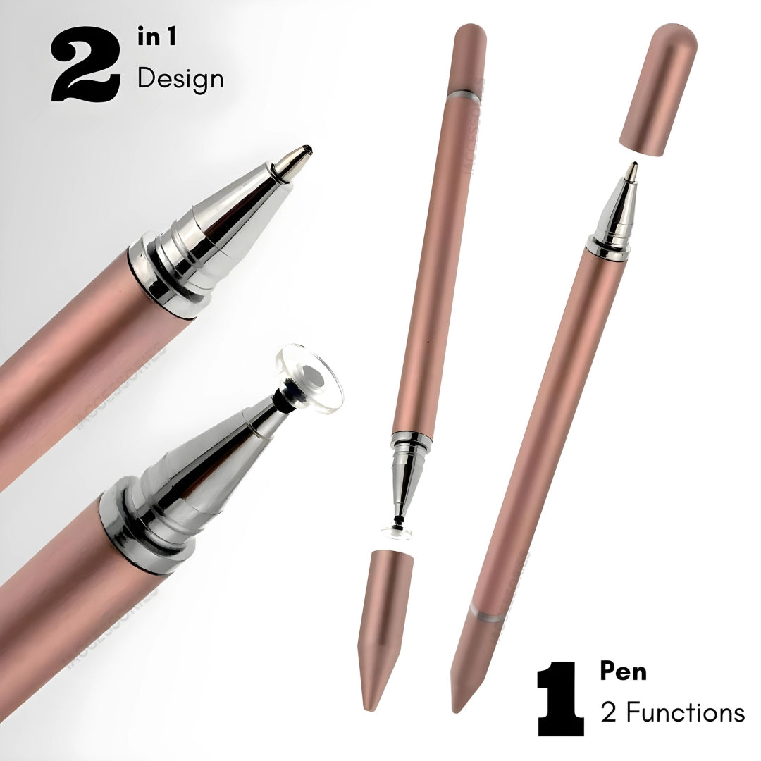 iAccessories 2 in 1 Fine Point Silicon Disc Tip Stylus with Ballpoint Pen for All Touch Screen Devices - Mobile Phones Android Tablets iOS Pads - Rose Gold - iAccessories