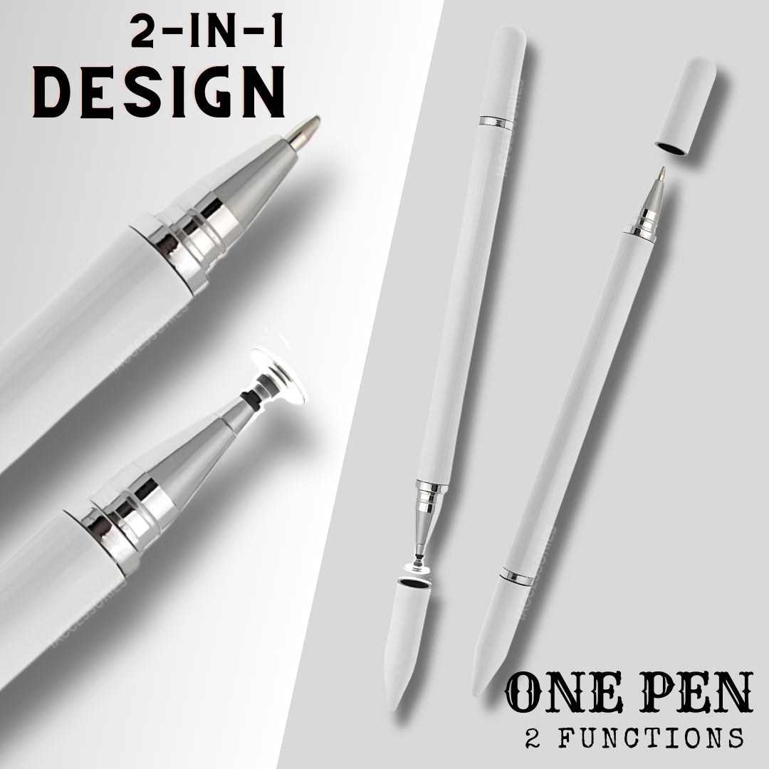 iAccessories 2 in 1 Fine Point Silicon Disc Tip Stylus with Ballpoint Pen for All Touch Screen Devices - Mobile Phones, Android Tablets, iOS Pads - White - iAccessories