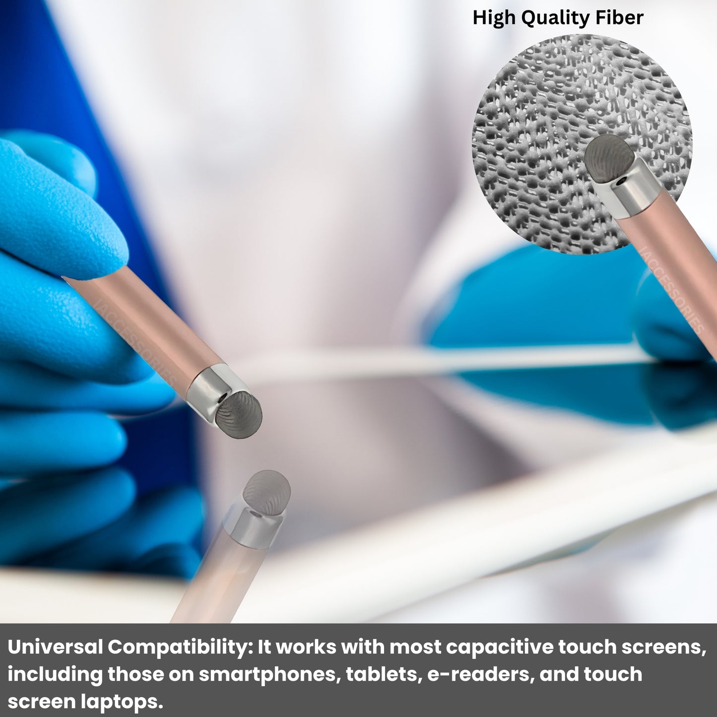 Rose gold dual-tip stylus for touch screens, featuring high-quality fiber tip, perfect for smartphones and tablets.