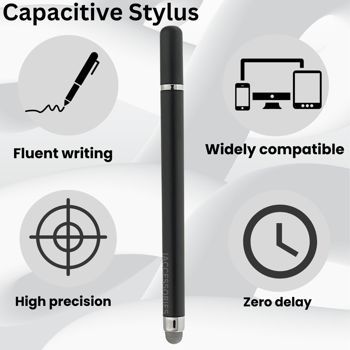 iAccessories 2-Way Stylus Pen - Fine Point Silicon Disc & Round Fiber Tips - Black