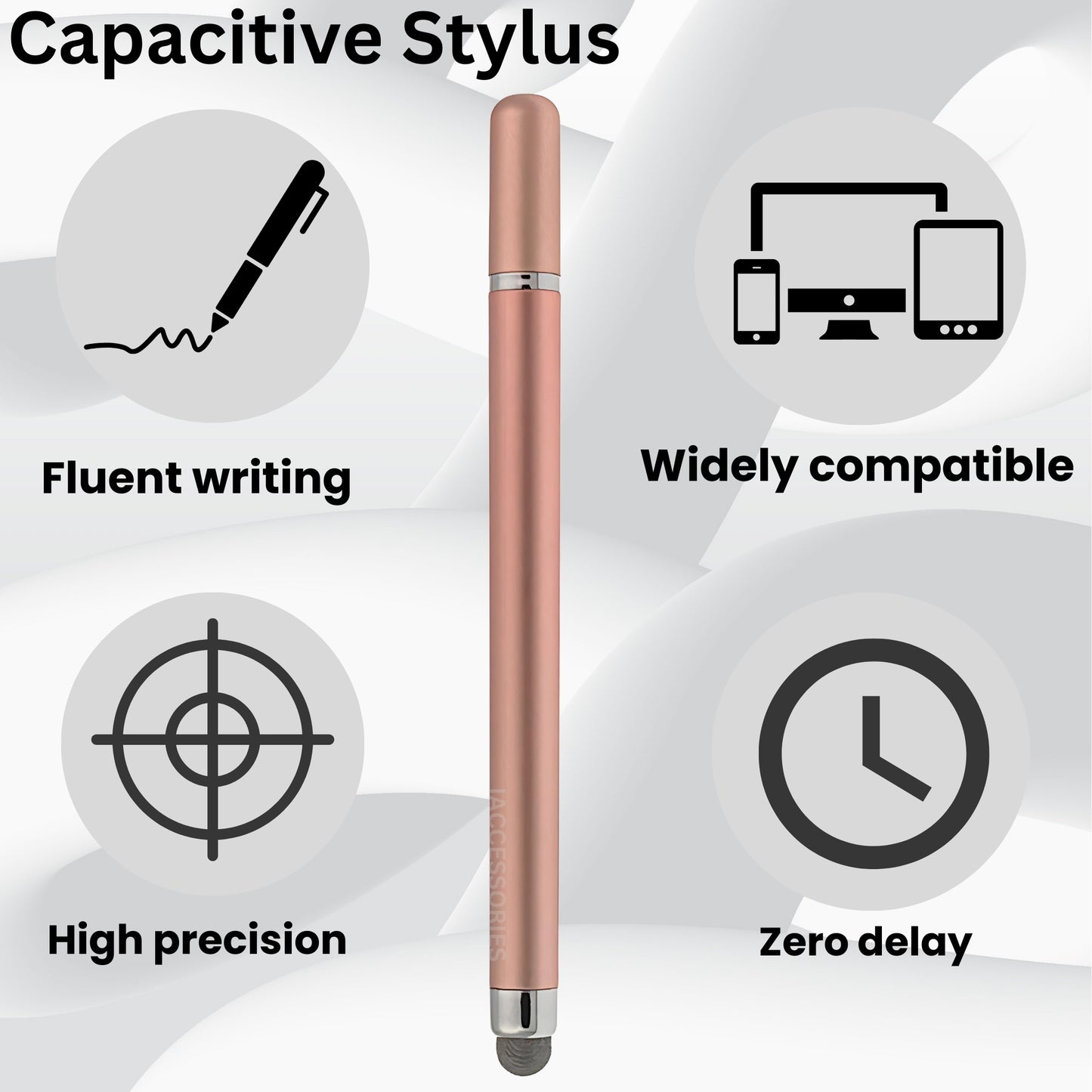 Rose gold dual-tip stylus for touchscreen devices, offering fluent writing, high precision, and universal compatibility.