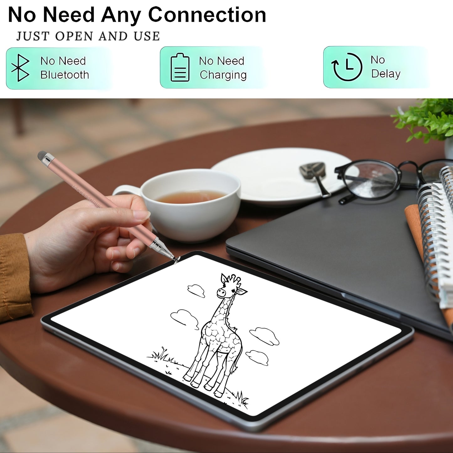 User demonstrating iAccessories Rose Gold Dual-Tip Stylus on tablet without connection, showcasing its easy use.