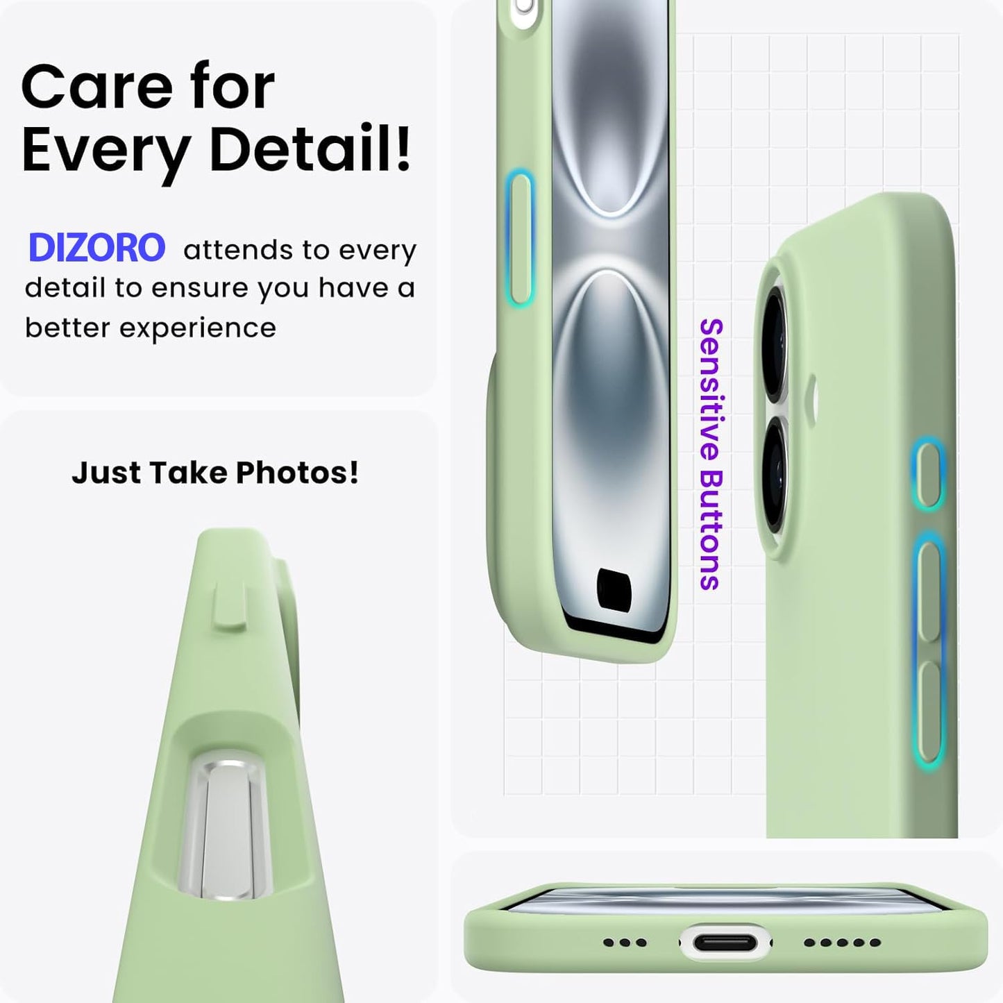 DIZORO Slim Liquid Silicone Case for iPhone 16 Plus – Matcha