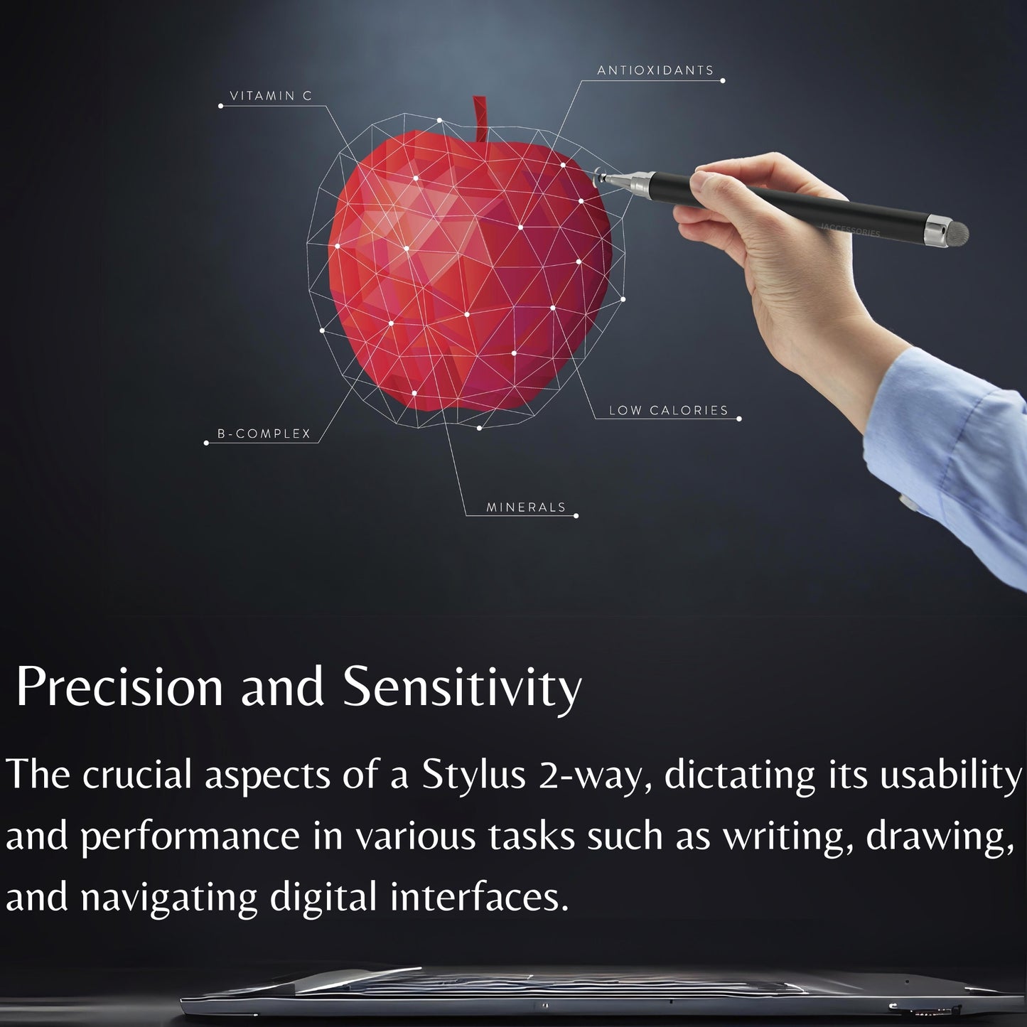 Hand using iAccessories dual-tip stylus on a digital interface for precise drawing and navigation.