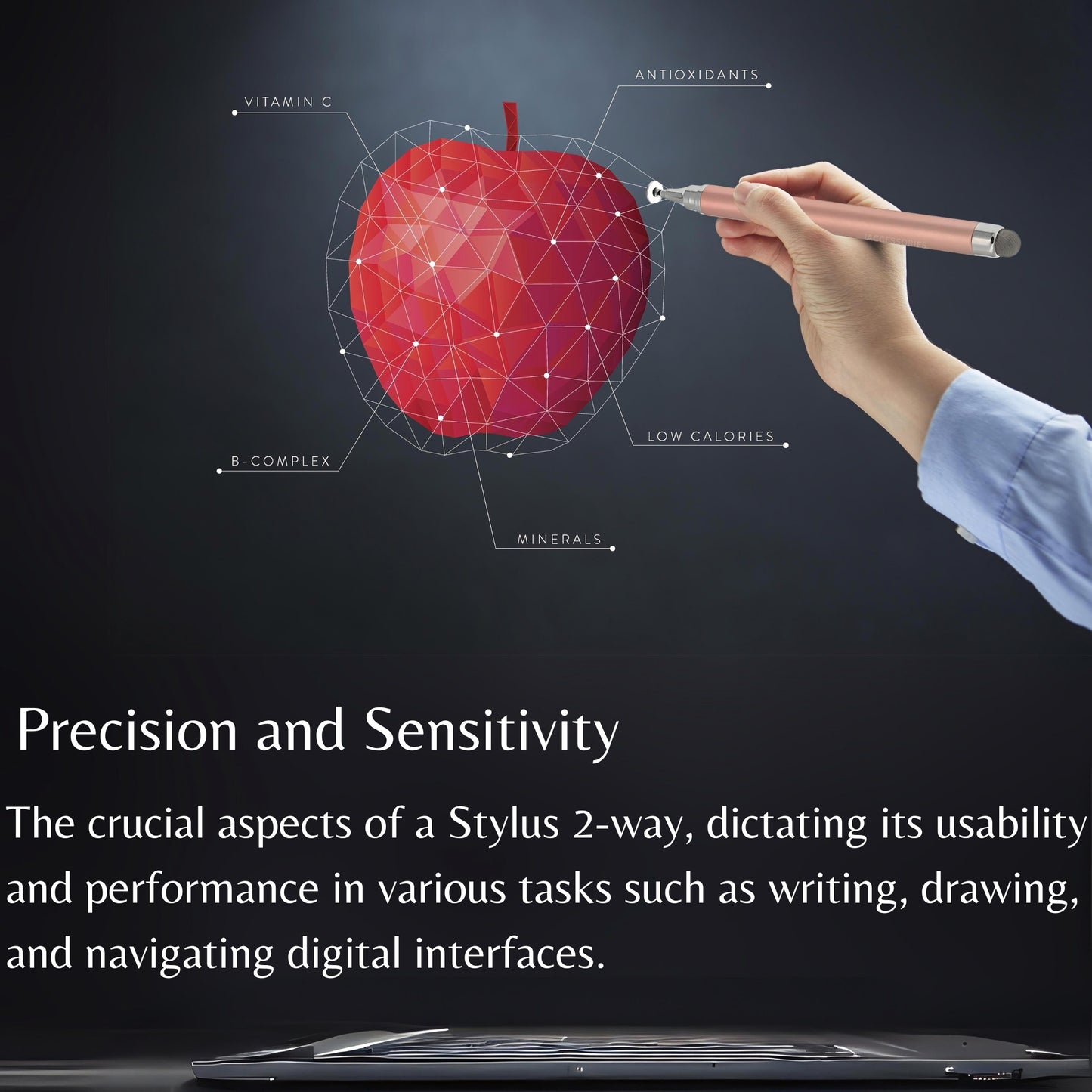 Rose Gold Dual-Tip Stylus being used to interact with a digital apple illustration, highlighting precision and sensitivity.