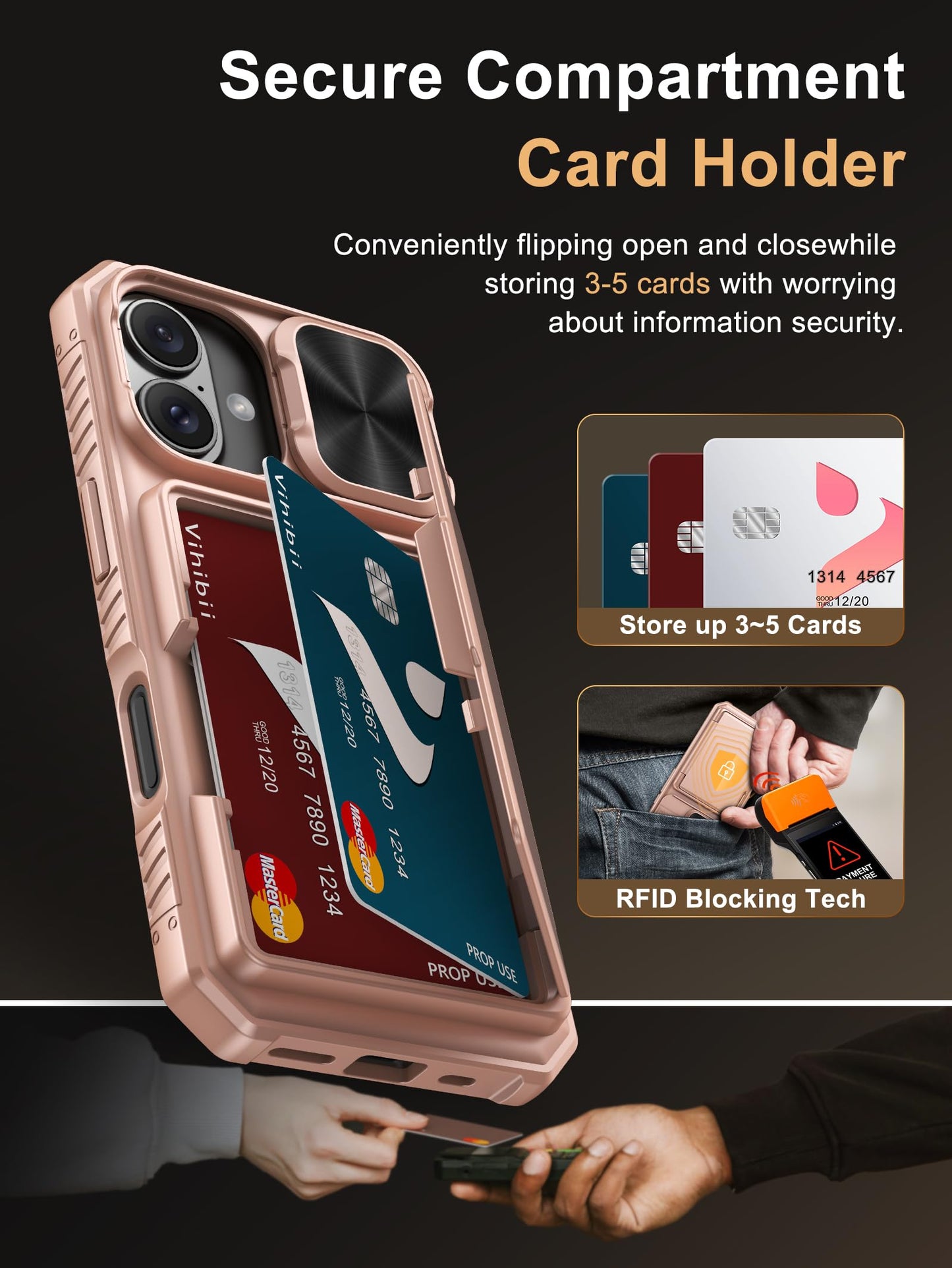 Vihibii Wallet Case for iPhone 16 – RFID, Slide Camera Cover