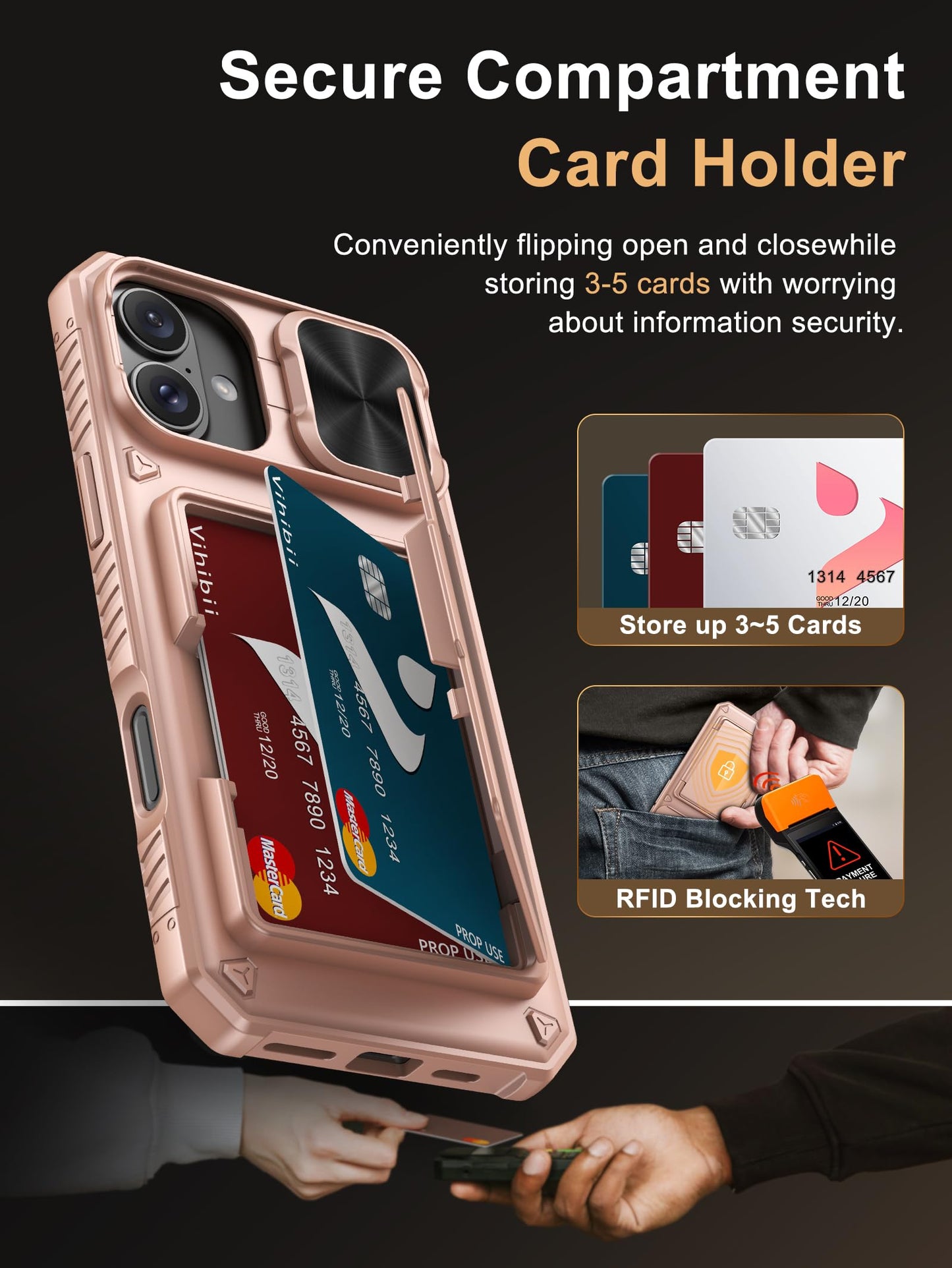 Vihibii Wallet Case for iPhone 16 Plus – Rose Gold, RFID