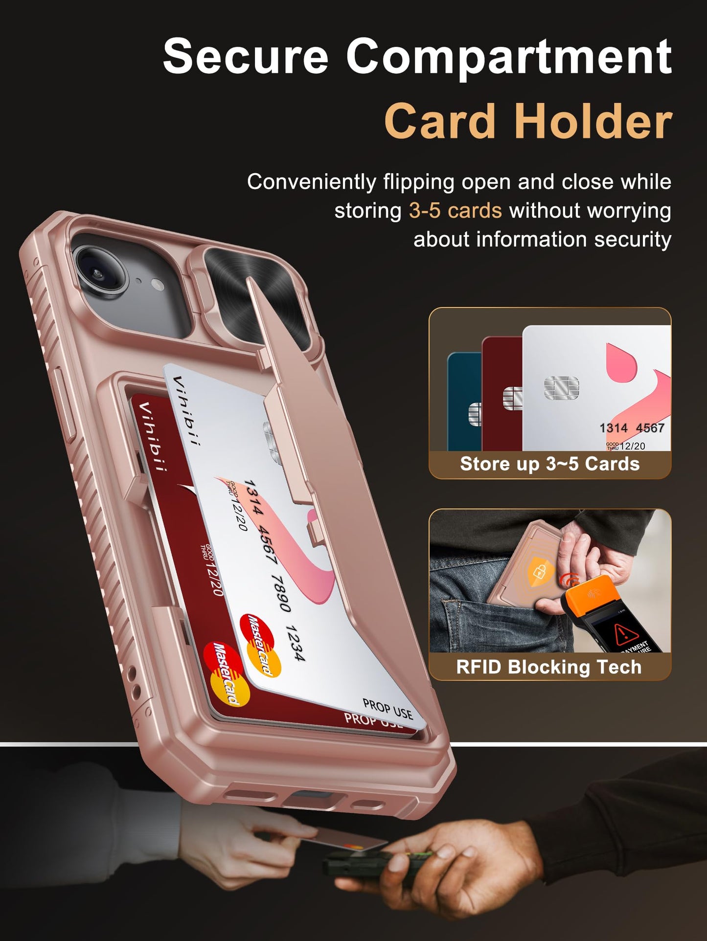 Vihibii Wallet Case for iPhone 16e/SE 4 – Rose Gold, RFID