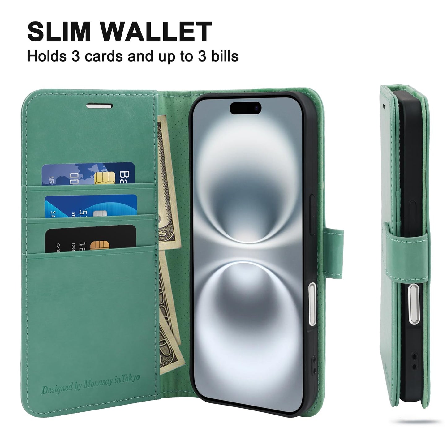 MONASAY Vegan Leather Wallet Case for iPhone 16 Plus