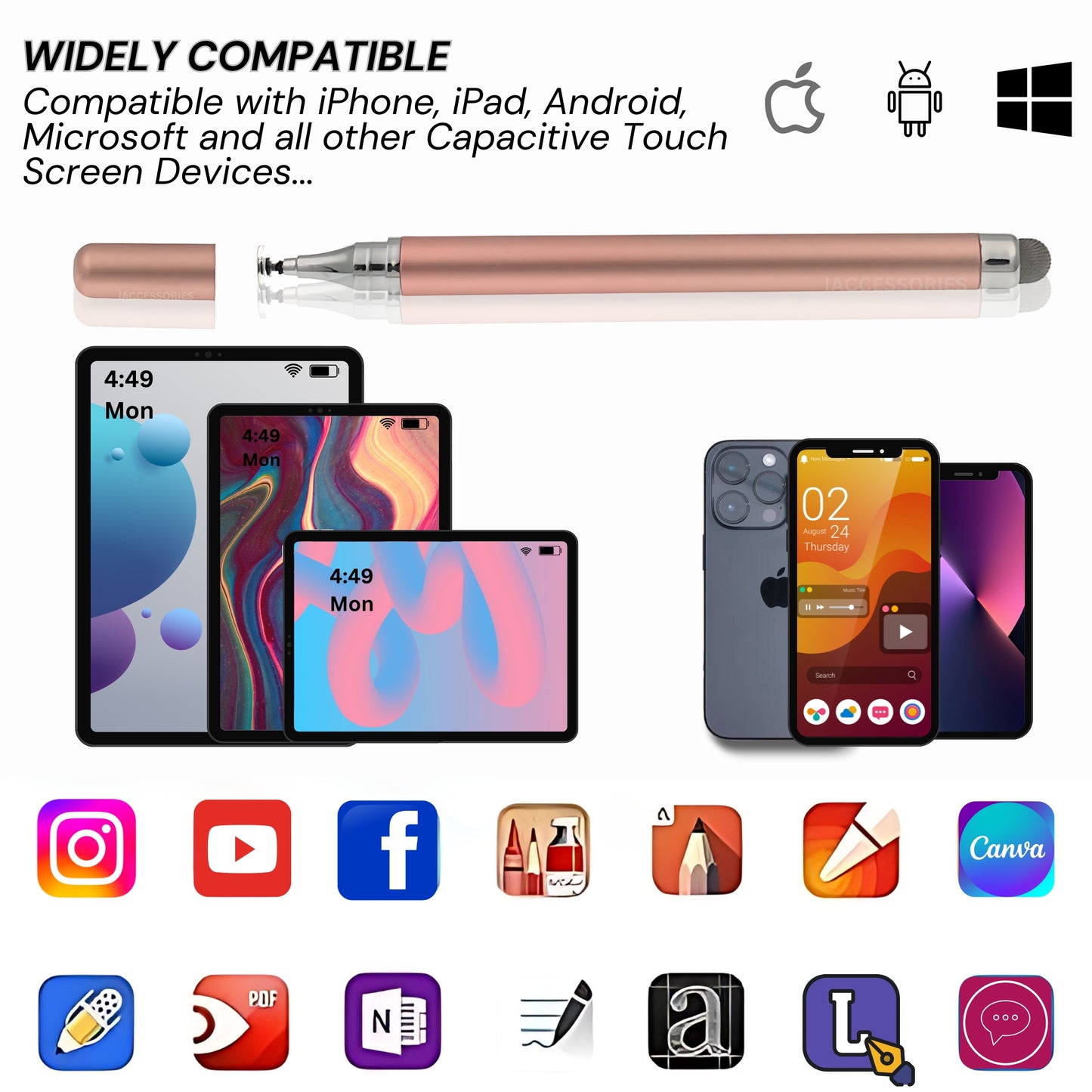 Rose Gold Dual-Tip Stylus for touch screens, iAccessories, compatible with iPhone, iPad, Android, and tablets.
