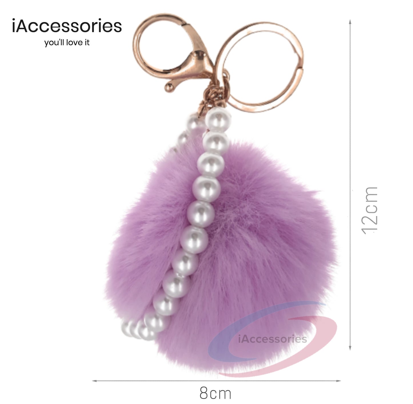iAccessories Faux Fur Pompom with Pearls Keychain Charm - Purple for Girls' Bags, Cars, Scooty, Bike, Home Keys - iAccessories