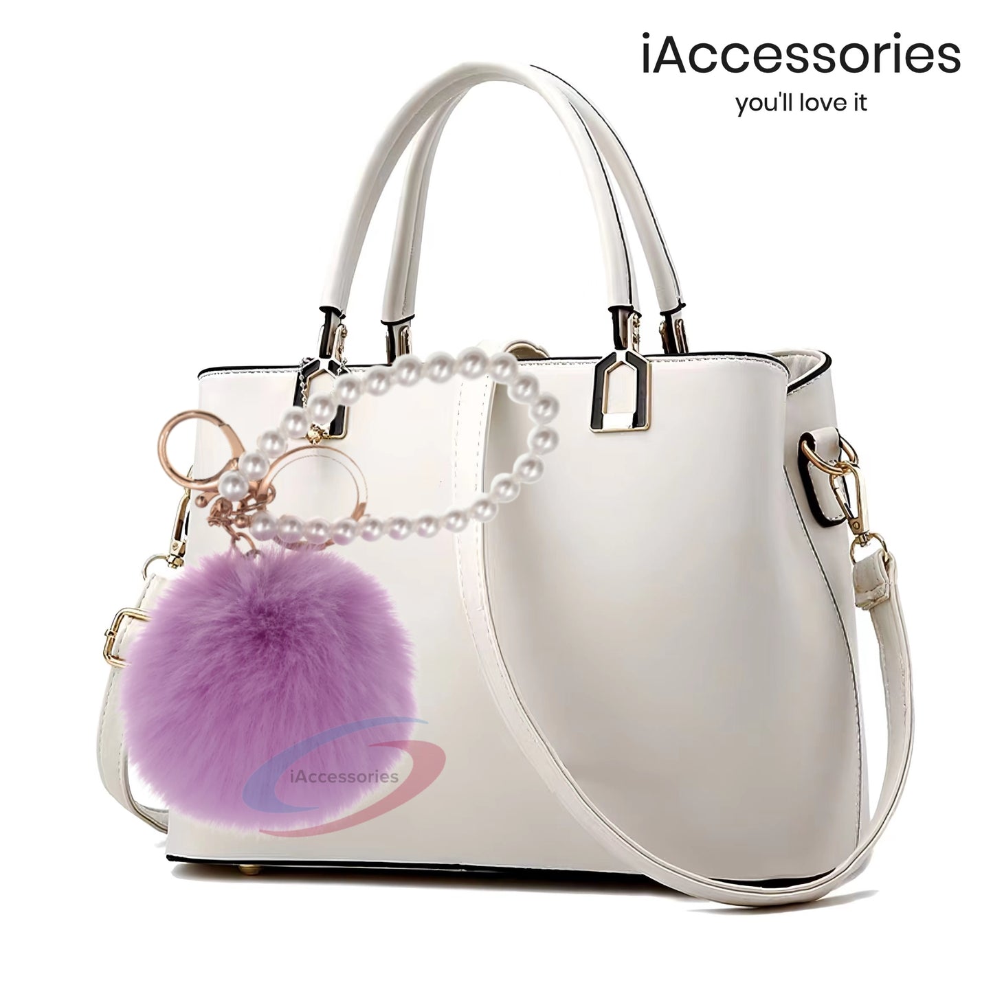 iAccessories Faux Fur Pompom with Pearls Keychain Charm - Purple for Girls' Bags, Cars, Scooty, Bike, Home Keys - iAccessories