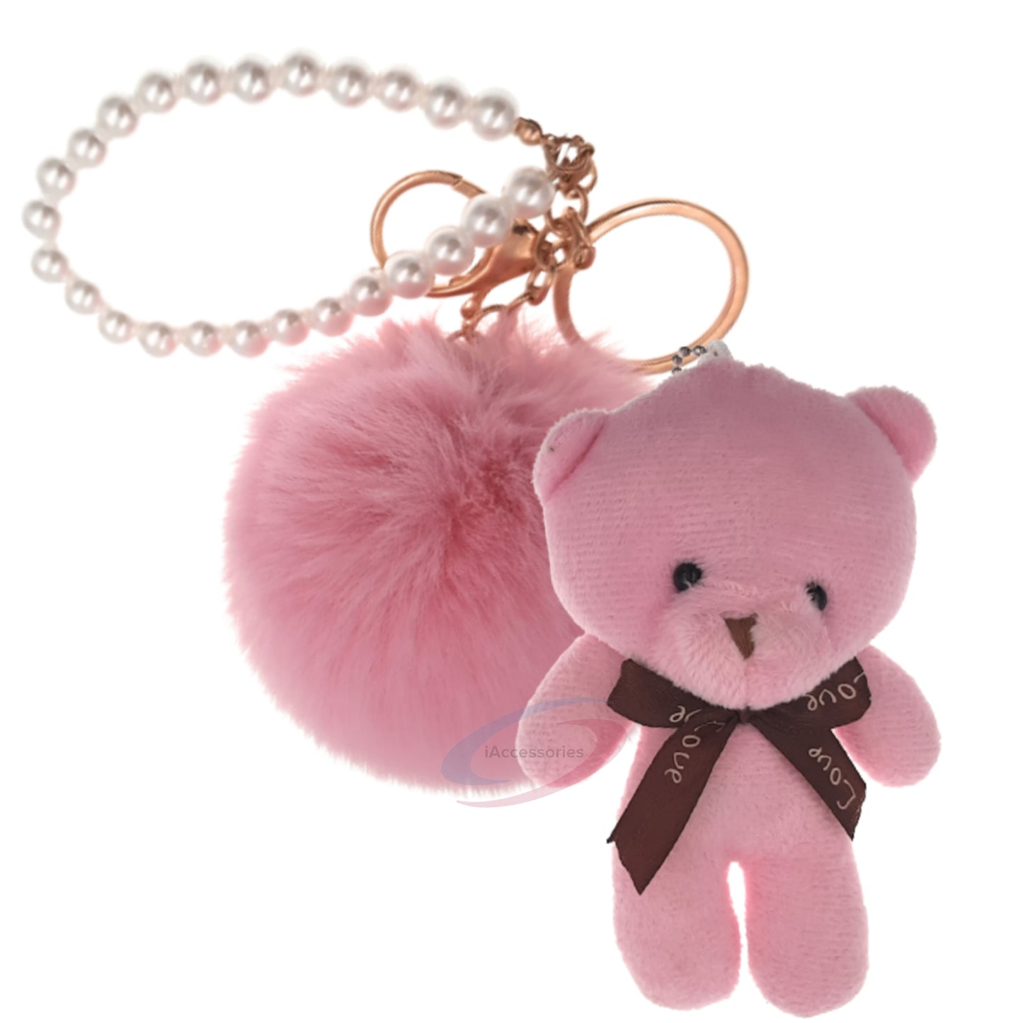 iAccessories Fluffy Faux Fur Soft Pom Pom Teddy with Pearl Chain Keychain Key Ring Charm for Girls Bags, Scooty, Bike, Car, and Home Keys (Pink) - iAccessories