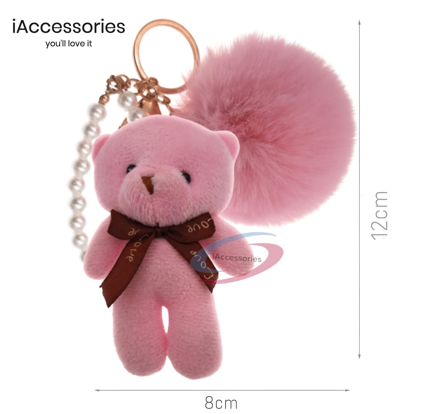 iAccessories Fluffy Faux Fur Soft Pom Pom Teddy with Pearl Chain Keychain Key Ring Charm for Girls Bags, Scooty, Bike, Car, and Home Keys (Pink) - iAccessories