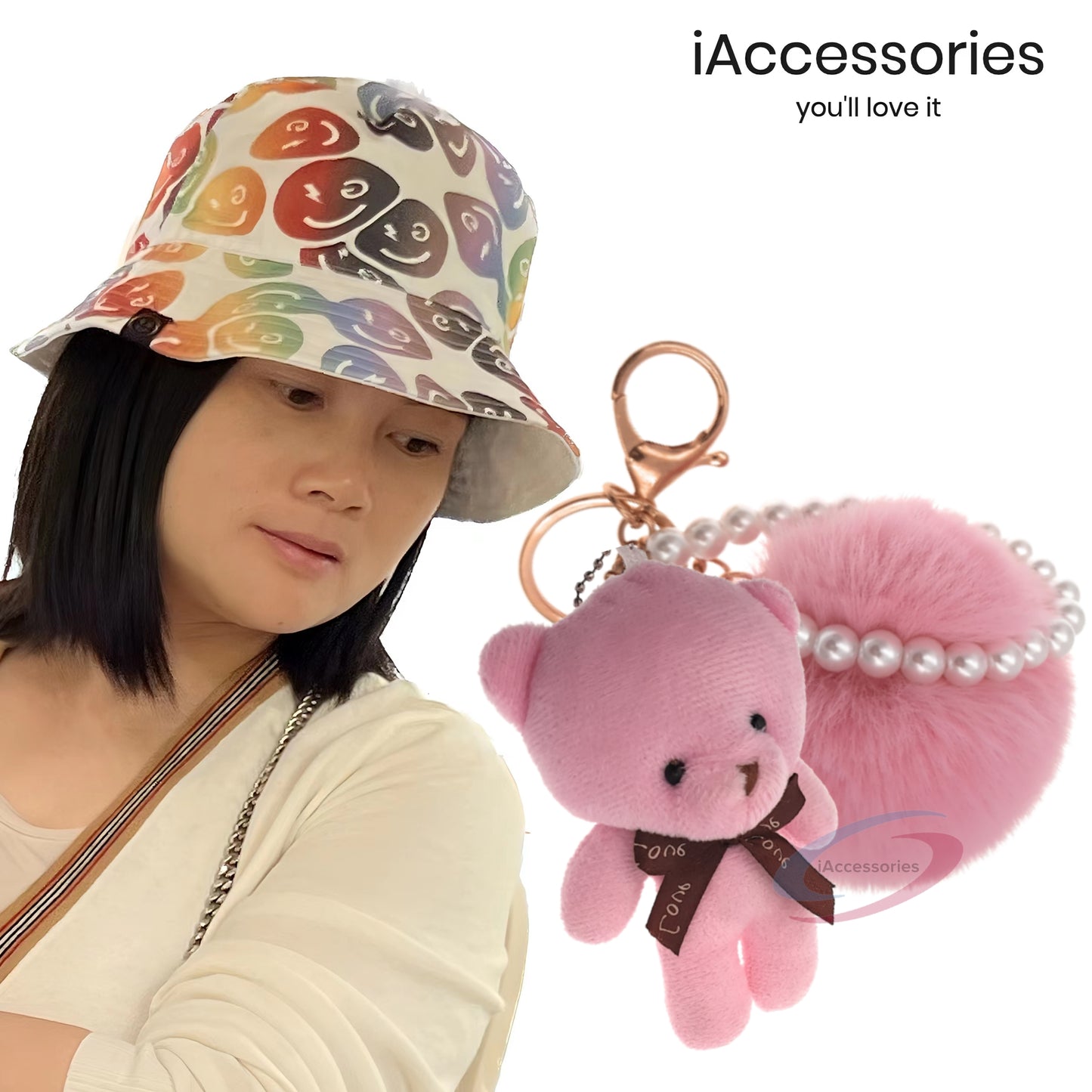 iAccessories Fluffy Faux Fur Soft Pom Pom Teddy with Pearl Chain Keychain Key Ring Charm for Girls Bags, Scooty, Bike, Car, and Home Keys (Pink) - iAccessories