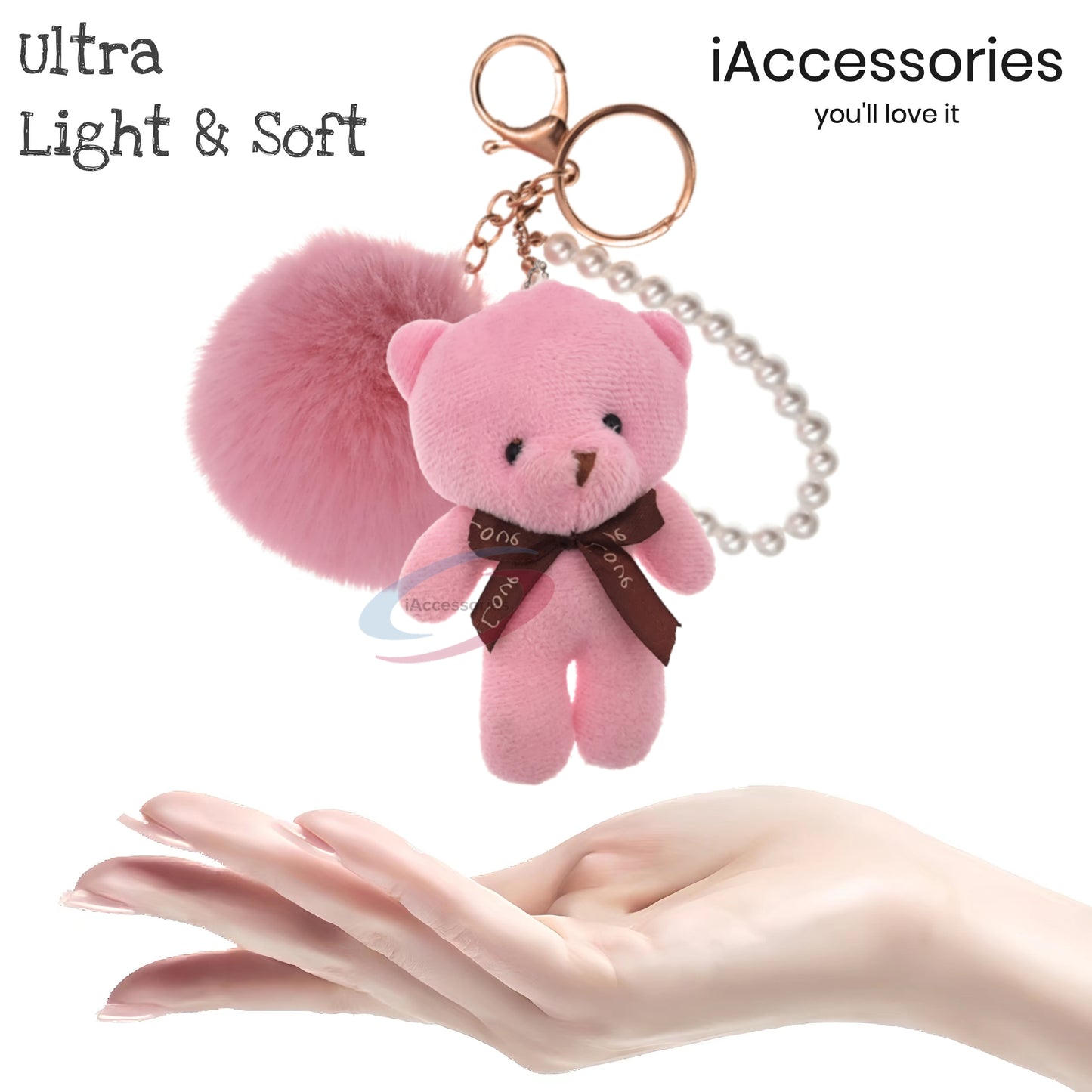 iAccessories Fluffy Faux Fur Soft Pom Pom Teddy with Pearl Chain Keychain Key Ring Charm for Girls Bags, Scooty, Bike, Car, and Home Keys (Pink) - iAccessories