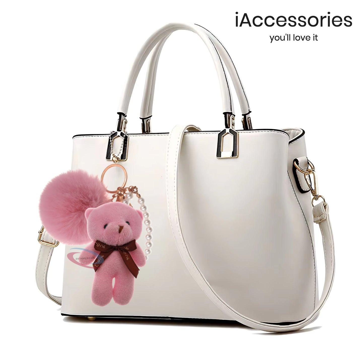 iAccessories Fluffy Faux Fur Soft Pom Pom Teddy with Pearl Chain Keychain Key Ring Charm for Girls Bags, Scooty, Bike, Car, and Home Keys (Pink) - iAccessories
