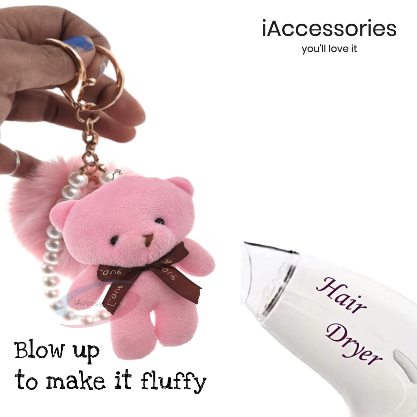 iAccessories Fluffy Faux Fur Soft Pom Pom Teddy with Pearl Chain Keychain Key Ring Charm for Girls Bags, Scooty, Bike, Car, and Home Keys (Pink) - iAccessories