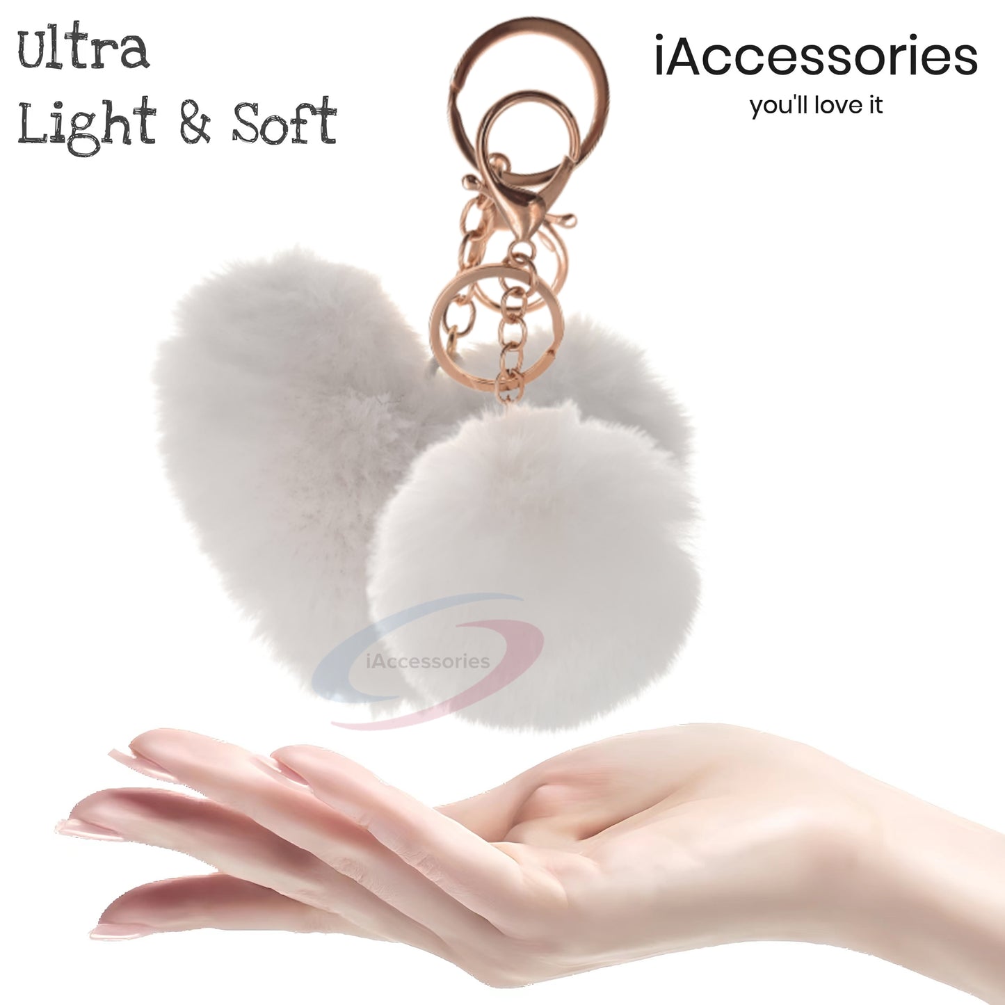 iAccessories Fluffy Faux Fur Soft Pom Pom Heart Keychain Key Ring Charm for Girls Hand Bags, Scooter, Bikes, Cars, and Home Keys - White - iAccessories
