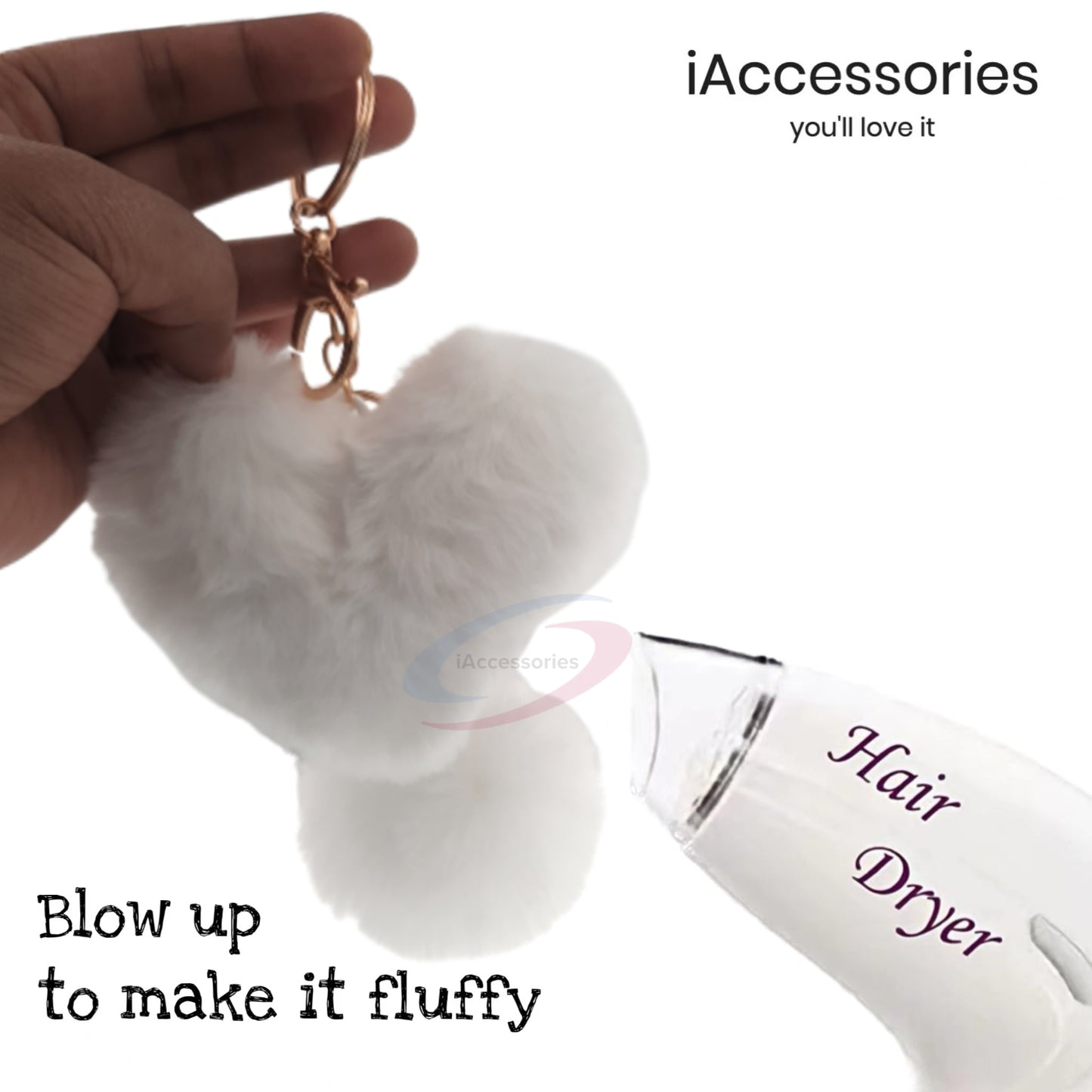 iAccessories Fluffy Faux Fur Soft Pom Pom Heart Keychain Key Ring Charm for Girls Hand Bags, Scooter, Bikes, Cars, and Home Keys - White - iAccessories