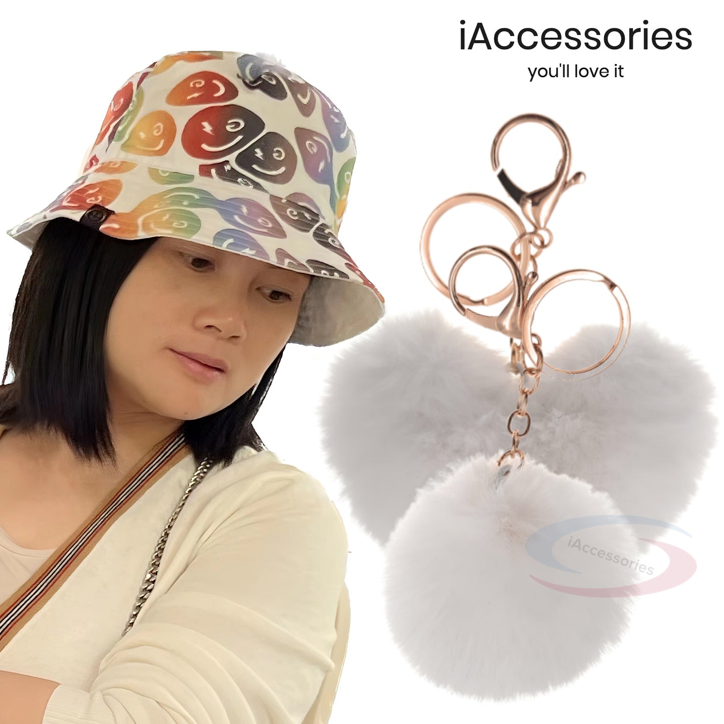 iAccessories Fluffy Faux Fur Soft Pom Pom Heart Keychain Key Ring Charm for Girls Hand Bags, Scooter, Bikes, Cars, and Home Keys - White - iAccessories