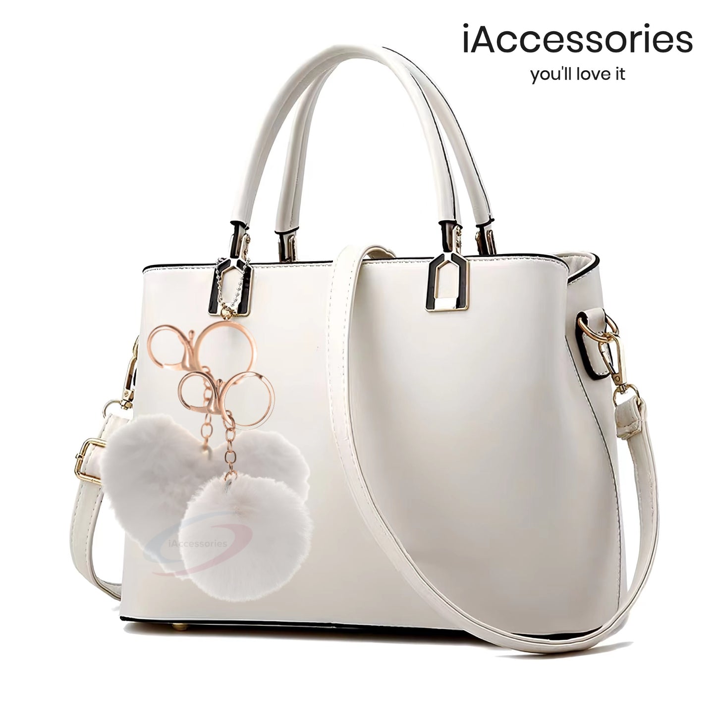 iAccessories Fluffy Faux Fur Soft Pom Pom Heart Keychain Key Ring Charm for Girls Hand Bags, Scooter, Bikes, Cars, and Home Keys - White - iAccessories