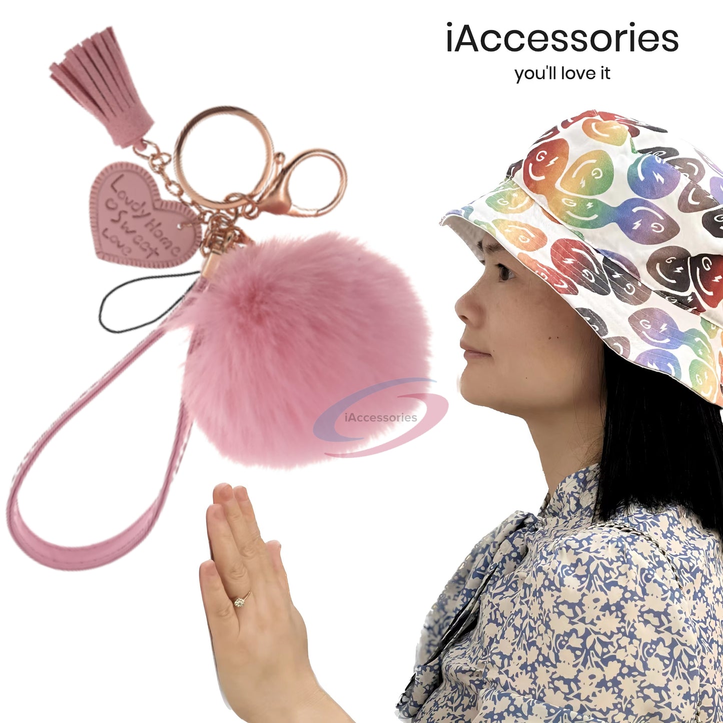 iAccessories Fluffy Soft Faux Fur Pom Pom Tassel Heart Keychain - Perfect Accessory for Girls Bags, Purses, Cars, Scooters, Bikes, and Home Keys - Pink - iAccessories