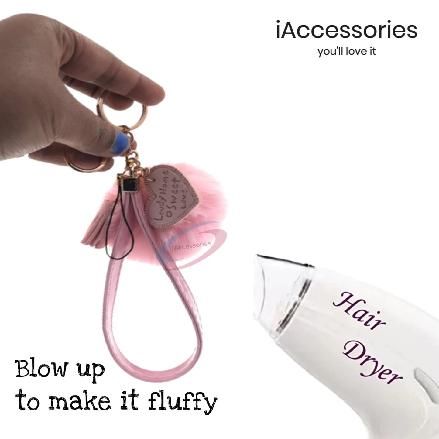iAccessories Fluffy Soft Faux Fur Pom Pom Tassel Heart Keychain - Perfect Accessory for Girls Bags, Purses, Cars, Scooters, Bikes, and Home Keys - Pink - iAccessories