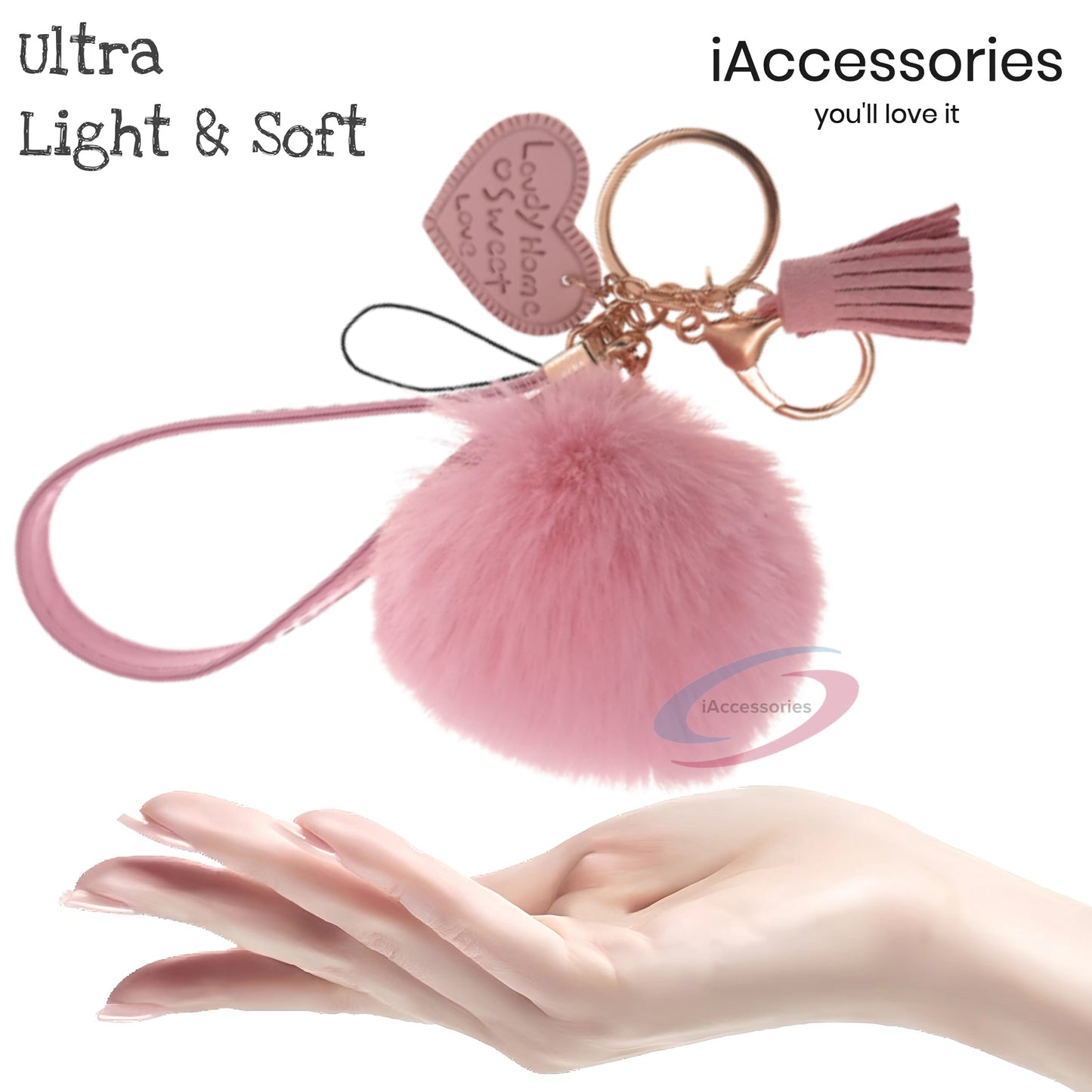iAccessories Fluffy Soft Faux Fur Pom Pom Tassel Heart Keychain - Perfect Accessory for Girls Bags, Purses, Cars, Scooters, Bikes, and Home Keys - Pink - iAccessories