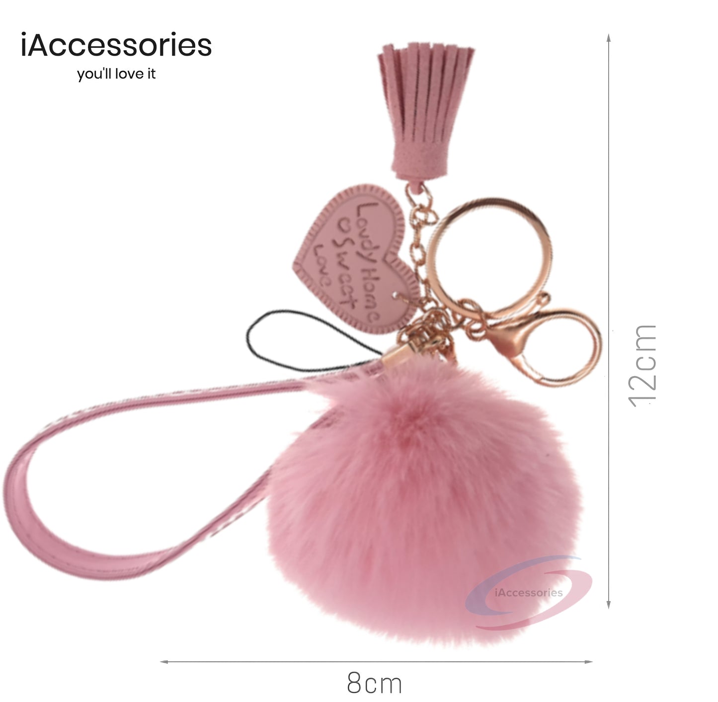 iAccessories Fluffy Soft Faux Fur Pom Pom Tassel Heart Keychain - Perfect Accessory for Girls Bags, Purses, Cars, Scooters, Bikes, and Home Keys - Pink - iAccessories