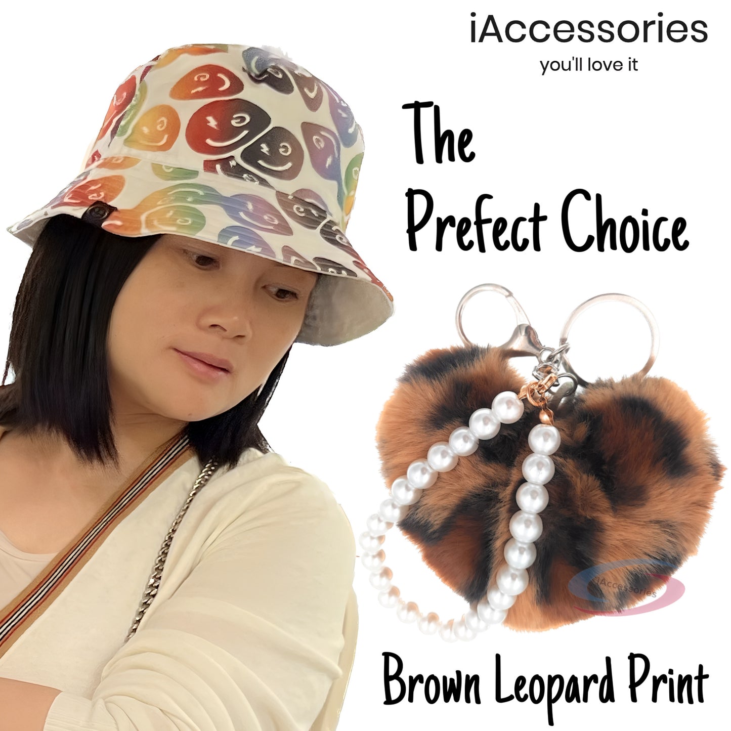 iAccessories Pearl Heart Keychain - Fluffy Faux Fur Charm for Girls' Bags, Cars, Scooters, Bikes and Keys - Brown Leopard Print - iAccessories