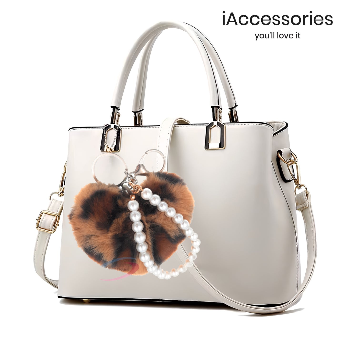 iAccessories Pearl Heart Keychain - Fluffy Faux Fur Charm for Girls' Bags, Cars, Scooters, Bikes and Keys - Brown Leopard Print - iAccessories