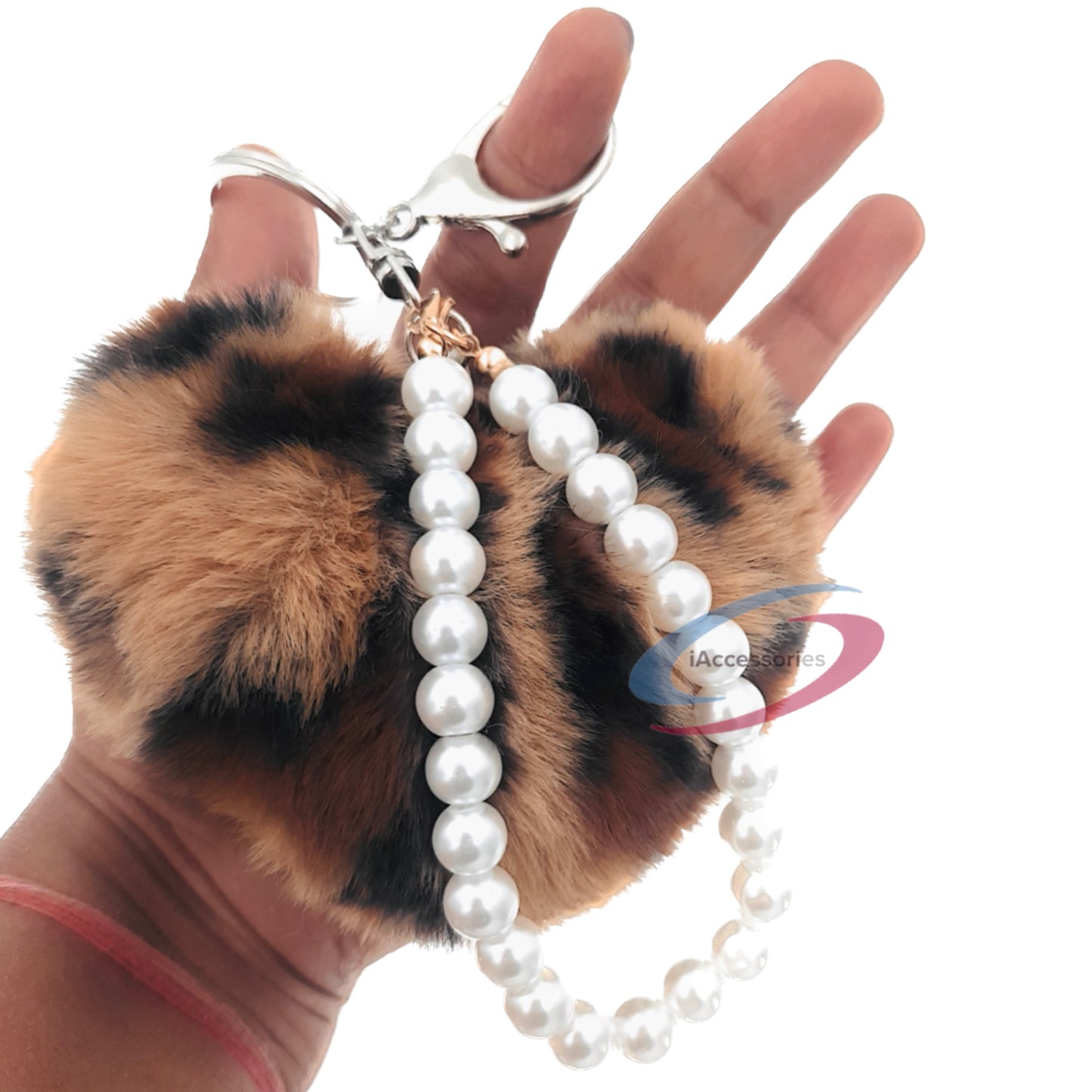 iAccessories Pearl Heart Keychain - Fluffy Faux Fur Charm for Girls' Bags, Cars, Scooters, Bikes and Keys - Brown Leopard Print - iAccessories