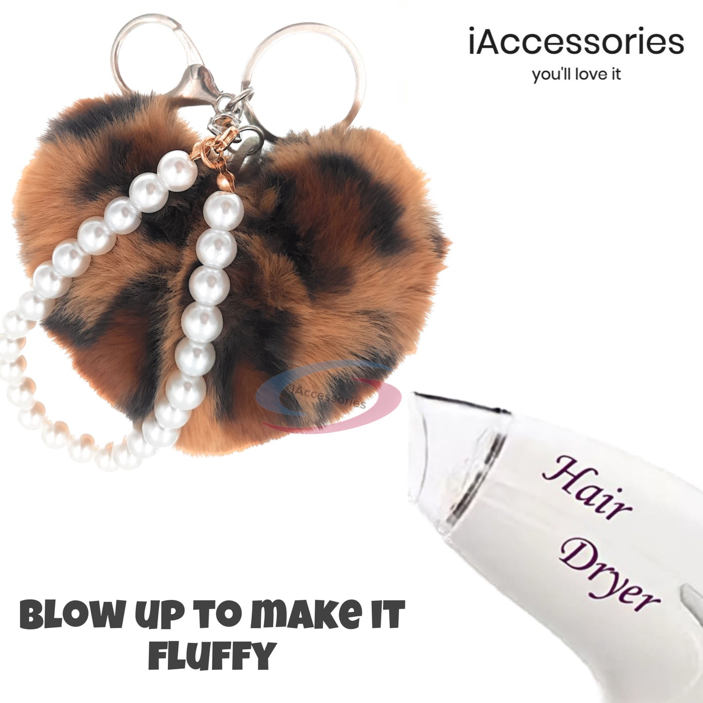 iAccessories Pearl Heart Keychain - Fluffy Faux Fur Charm for Girls' Bags, Cars, Scooters, Bikes and Keys - Brown Leopard Print - iAccessories