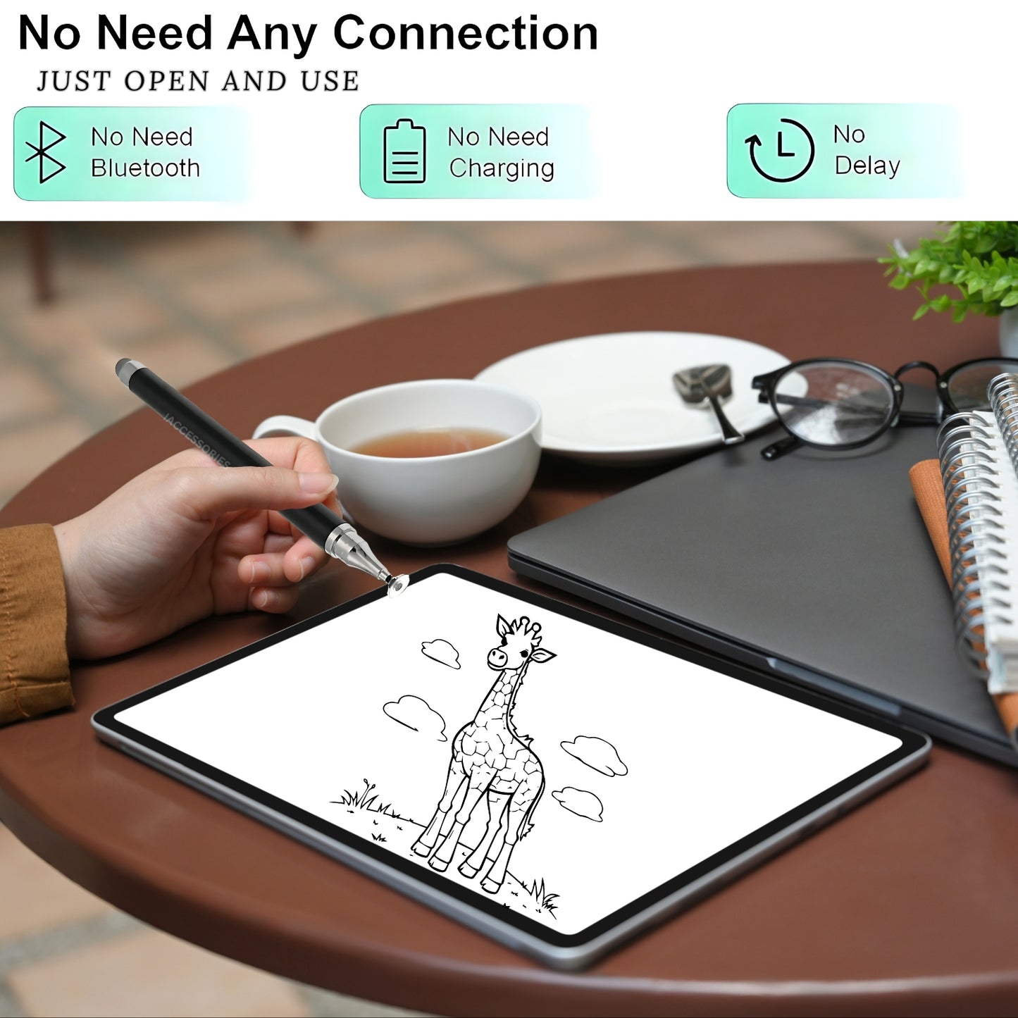 iAccessories 2-Way Stylus Pen - Fine Point Silicon Disc & Round Fiber Tips - Black