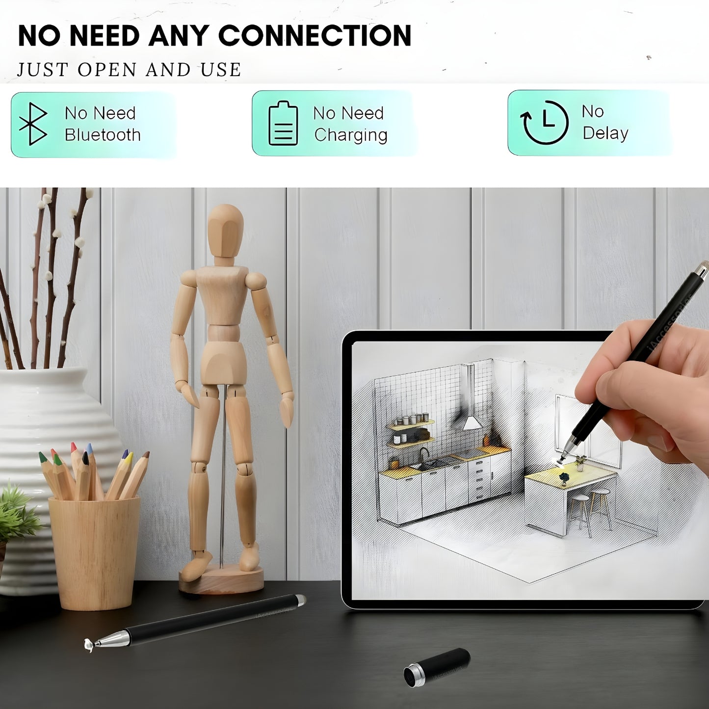 iAccessories 2 Way Magnetic Stylus Pen with Fiber & Fine Point Silicone Disc Tip - Black - iAccessories