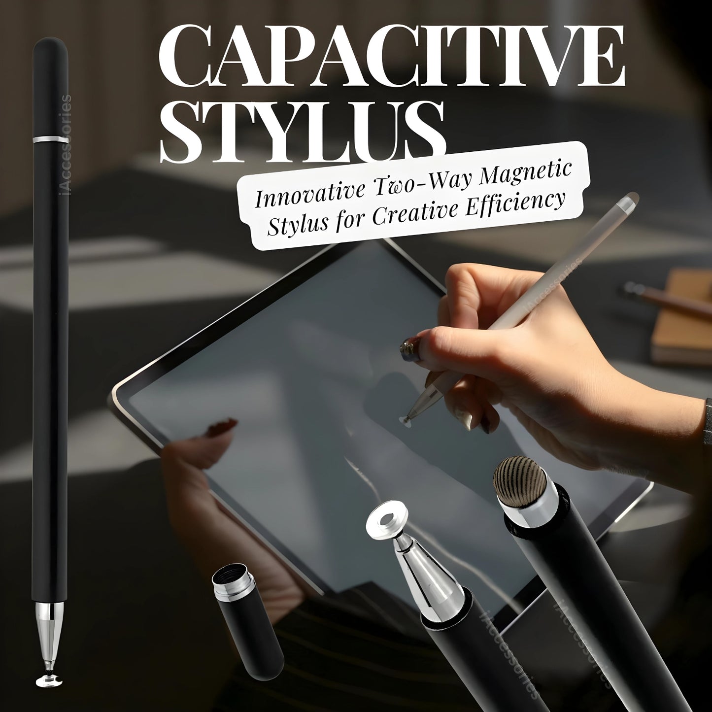 iAccessories 2 Way Magnetic Stylus Pen with Fiber & Fine Point Silicone Disc Tip - Black - iAccessories