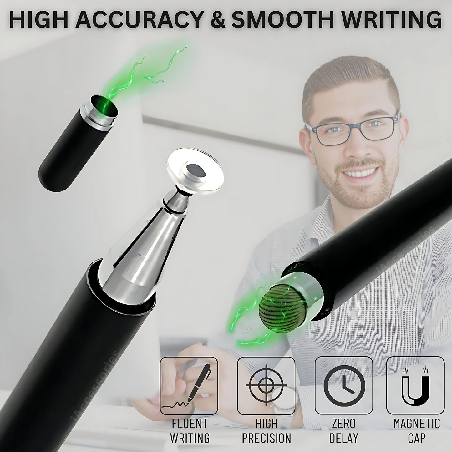 iAccessories 2 Way Magnetic Stylus Pen with Fiber & Fine Point Silicone Disc Tip - Black - iAccessories