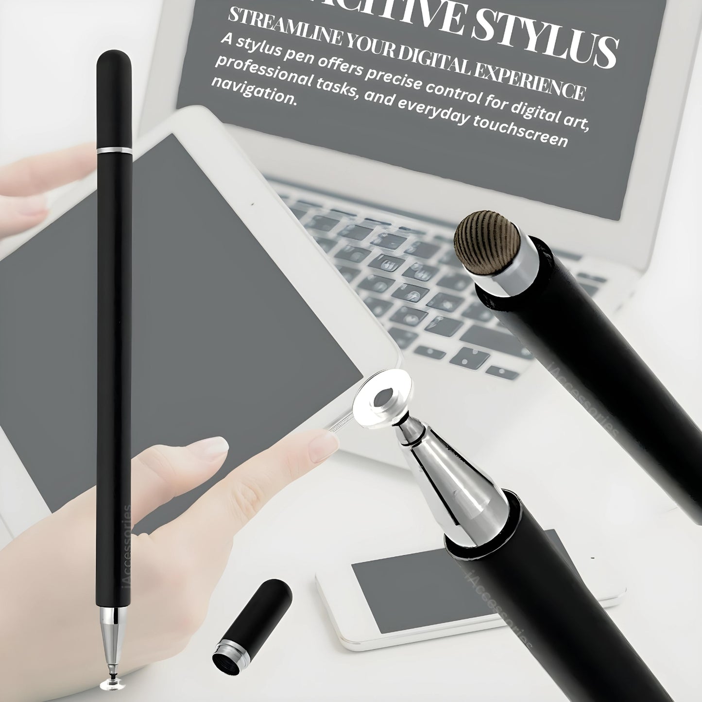 iAccessories 2 Way Magnetic Stylus Pen with Fiber & Fine Point Silicone Disc Tip - Black - iAccessories