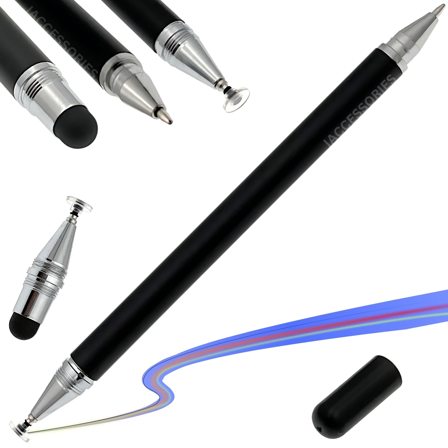 iAccessories 3-in-1 Stylus Pen - Fine Point Silicon Disc Tip, Round Tip, Ballpoint Pen - Black - iAccessories
