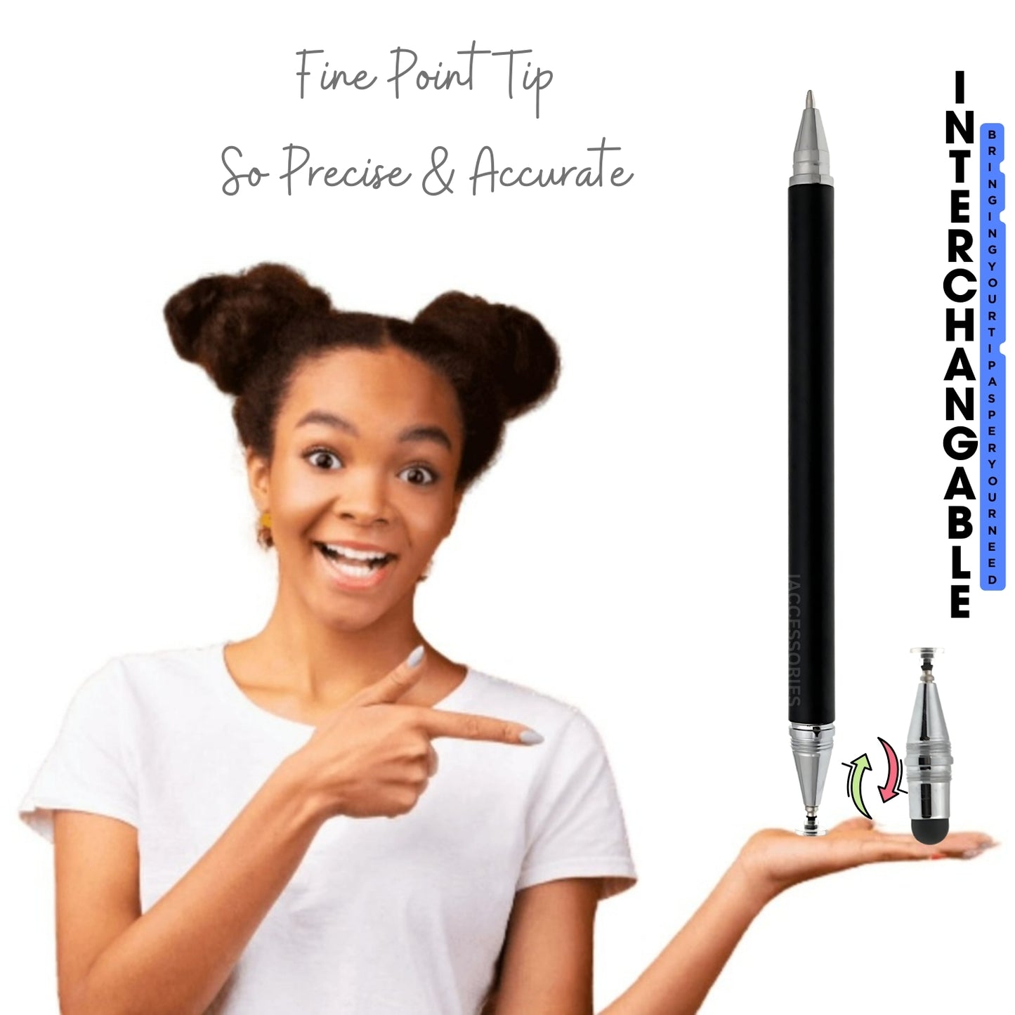 iAccessories 3-in-1 Stylus Pen - Fine Point Silicon Disc Tip, Round Tip, Ballpoint Pen - Black - iAccessories