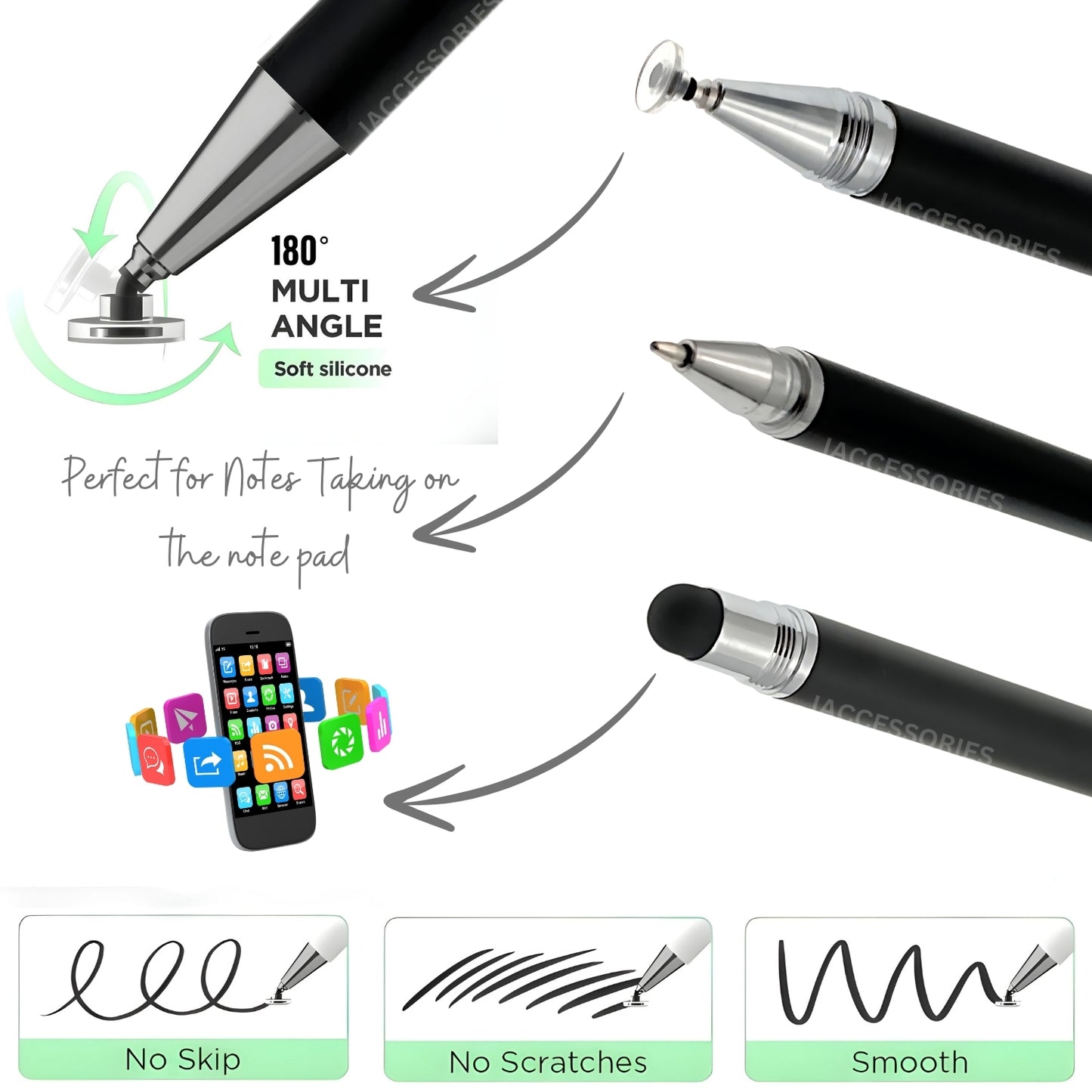 iAccessories 3-in-1 Stylus Pen - Fine Point Silicon Disc Tip, Round Tip, Ballpoint Pen - Black - iAccessories