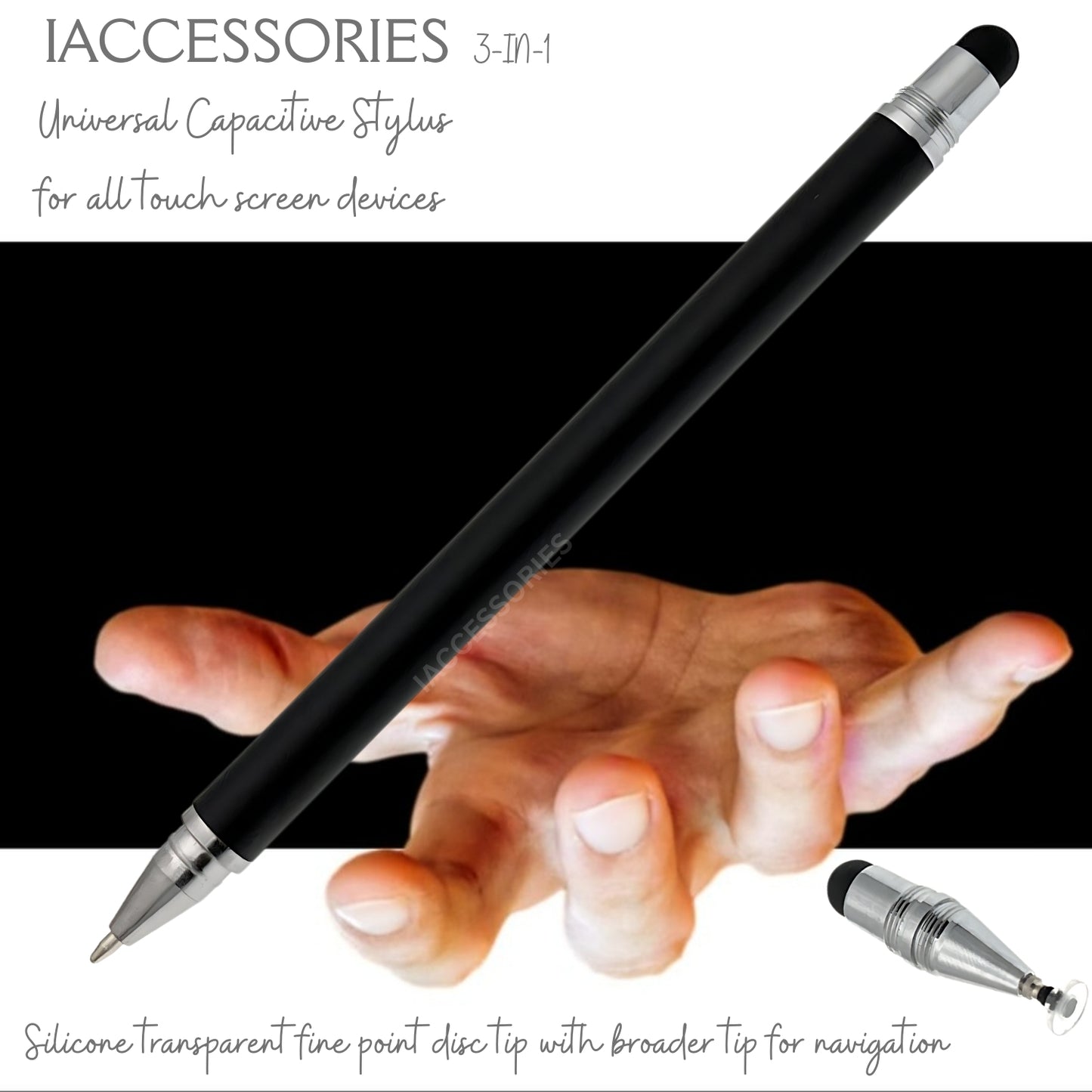 iAccessories 3-in-1 Stylus Pen - Fine Point Silicon Disc Tip, Round Tip, Ballpoint Pen - Black - iAccessories