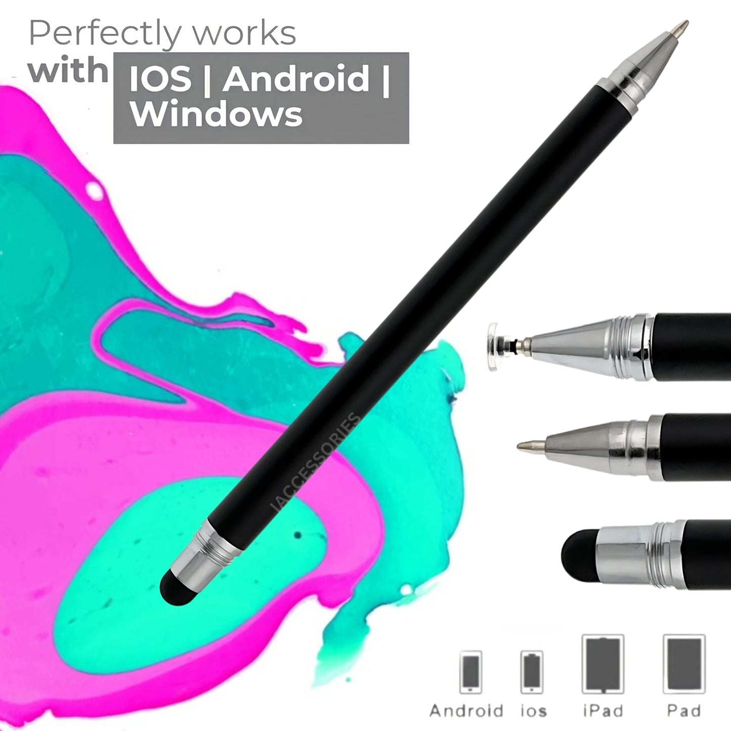 iAccessories 3-in-1 Stylus Pen - Fine Point Silicon Disc Tip, Round Tip, Ballpoint Pen - Black - iAccessories