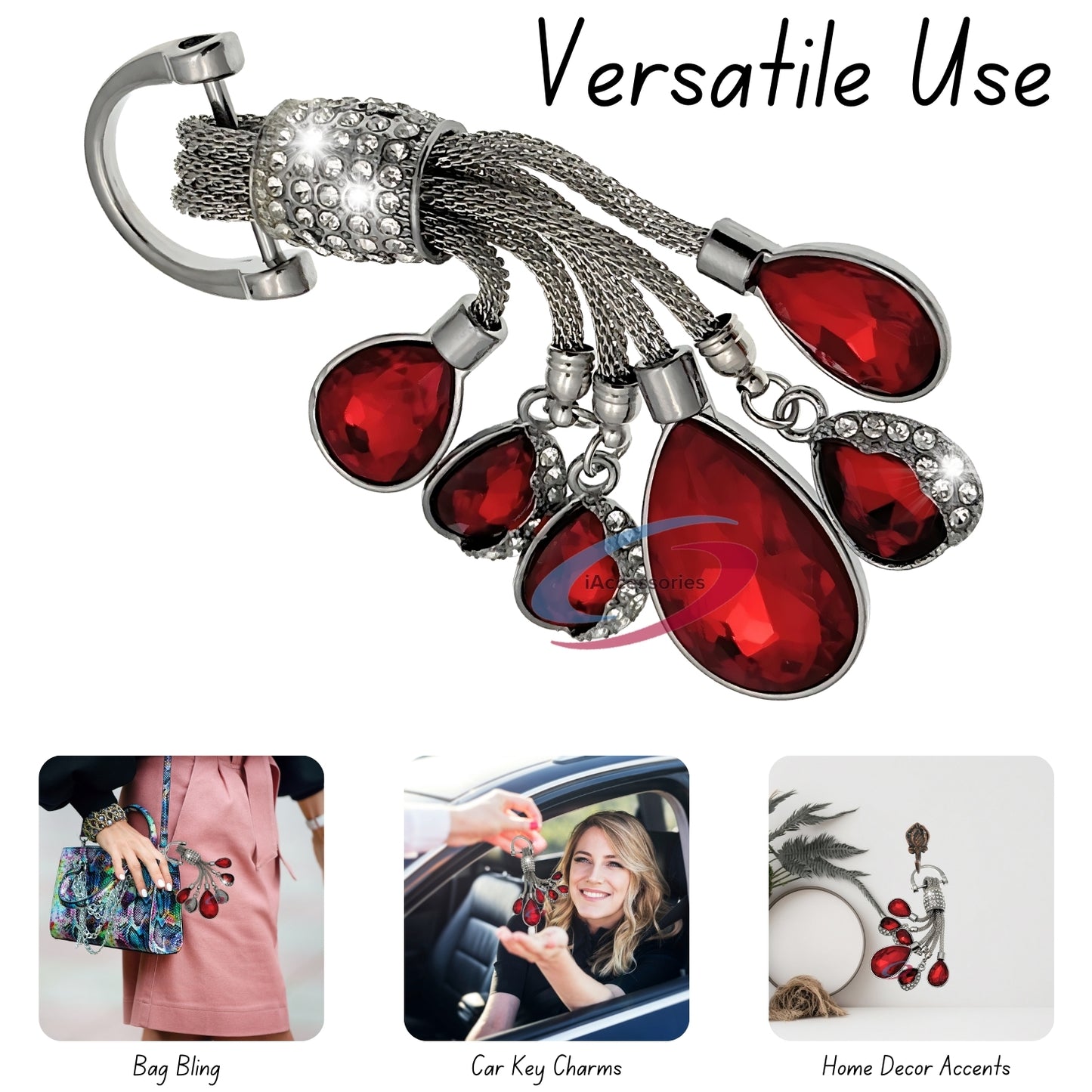 iAccessories Bling Colored Rhinestones Keychain Charm for Girls - Red - iAccessories