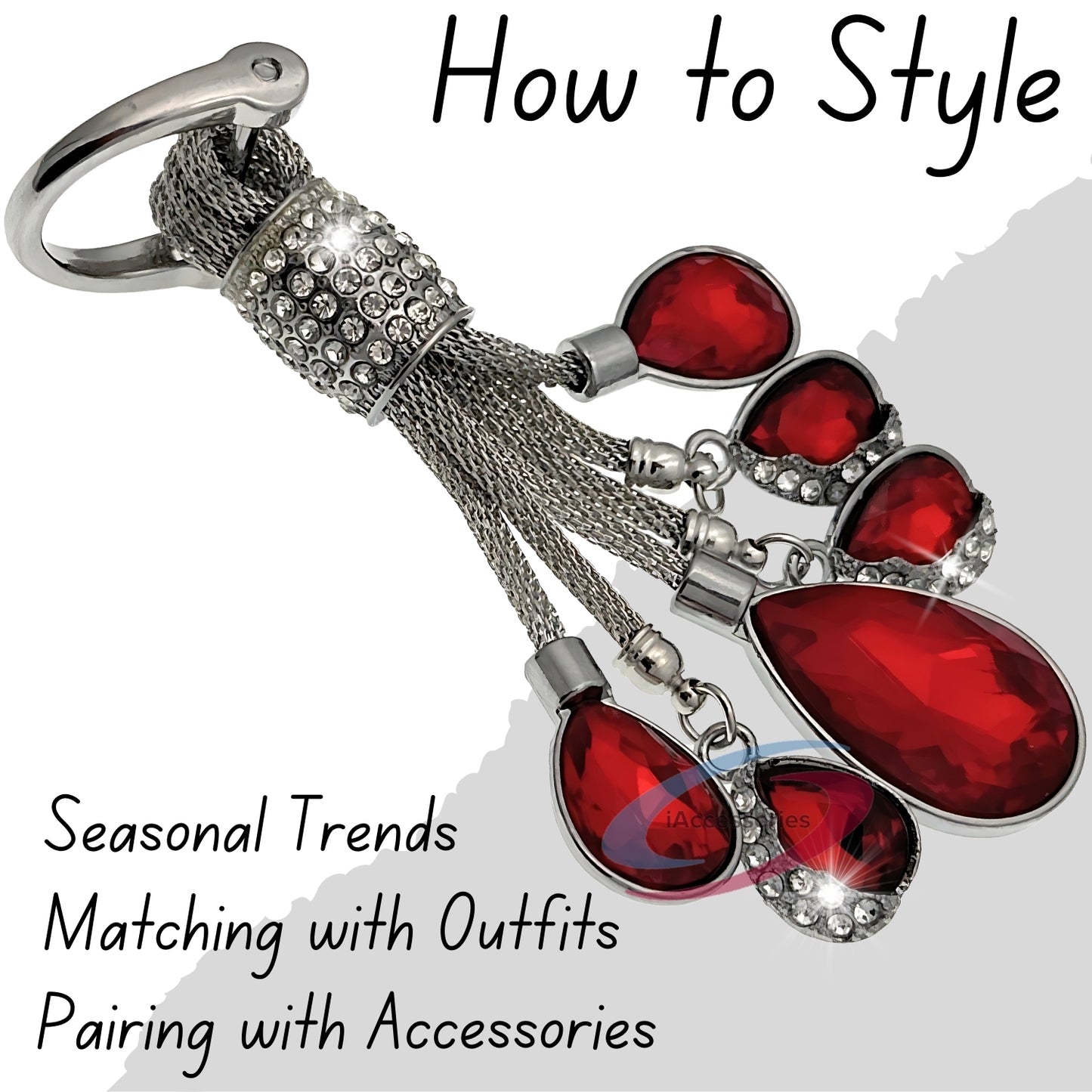 iAccessories Bling Colored Rhinestones Keychain Charm for Girls - Red - iAccessories