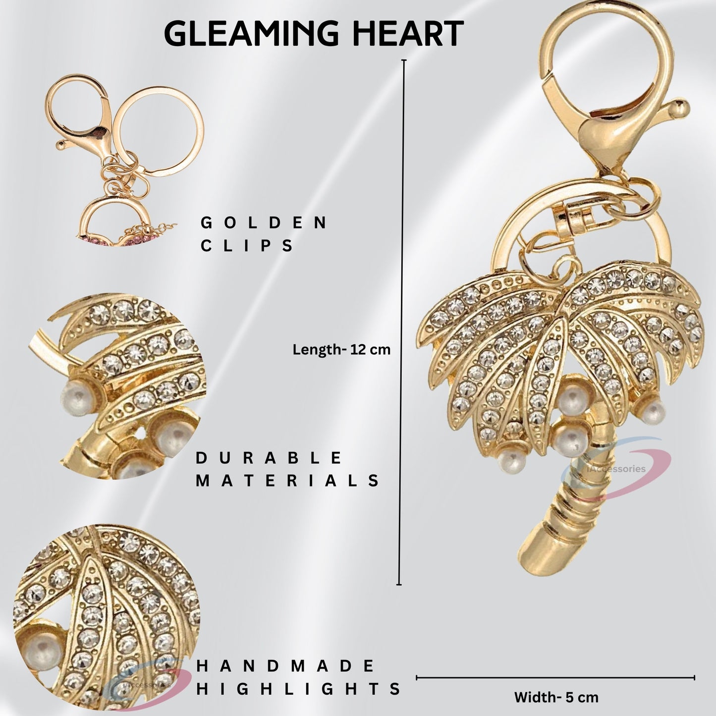 iAccessories Crystal Palm Tree Keychain | Gold Pearl Charm for Bags, Cars & Bikes - iAccessories