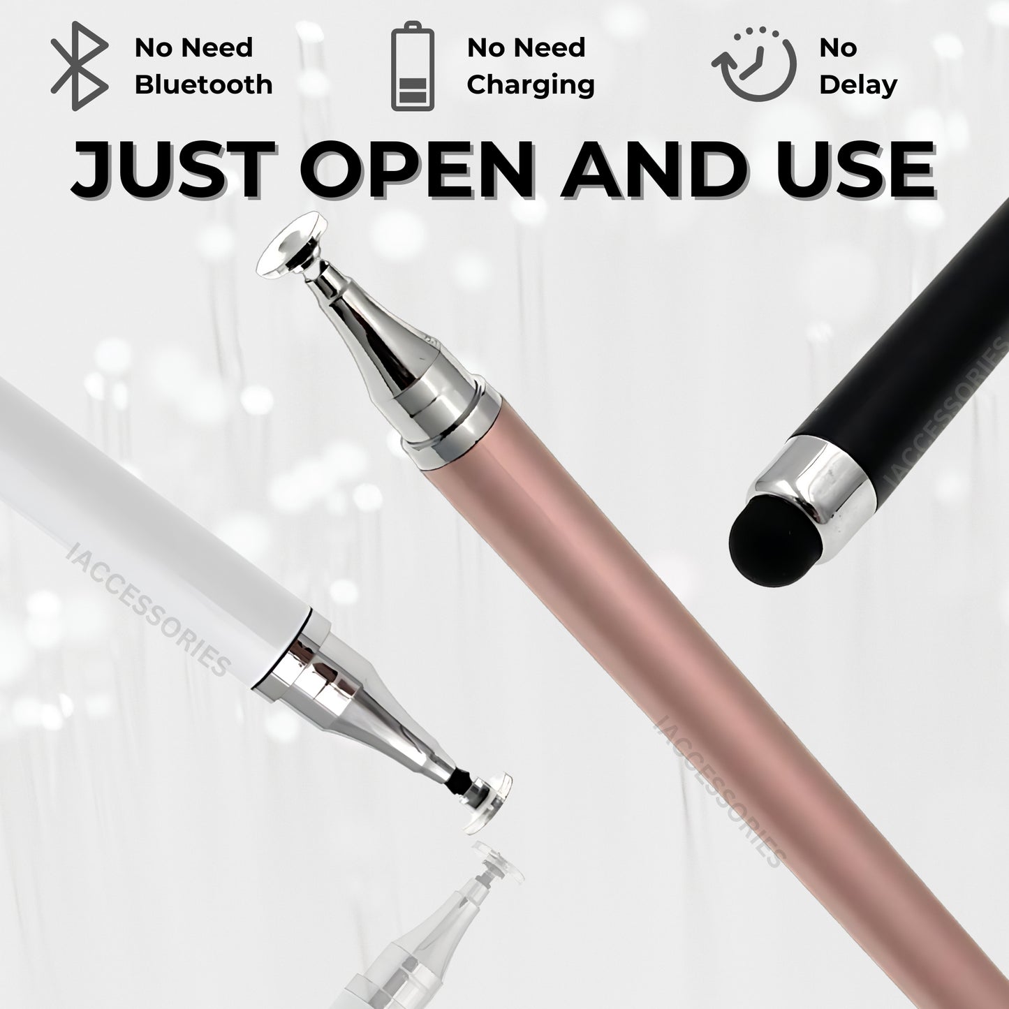 iAccessories Dual-Sided Stylus Pen for All Touch Screens - Compatible with iOS, Android Mobile Phones, Tablets - Pack of 3 (Black, White, Rose Gold) - iAccessories