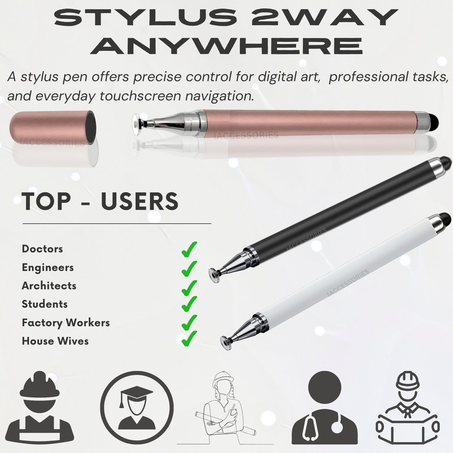 iAccessories Dual-Sided Stylus Pen for All Touch Screens - Compatible with iOS, Android Mobile Phones, Tablets - Pack of 3 (Black, White, Rose Gold) - iAccessories