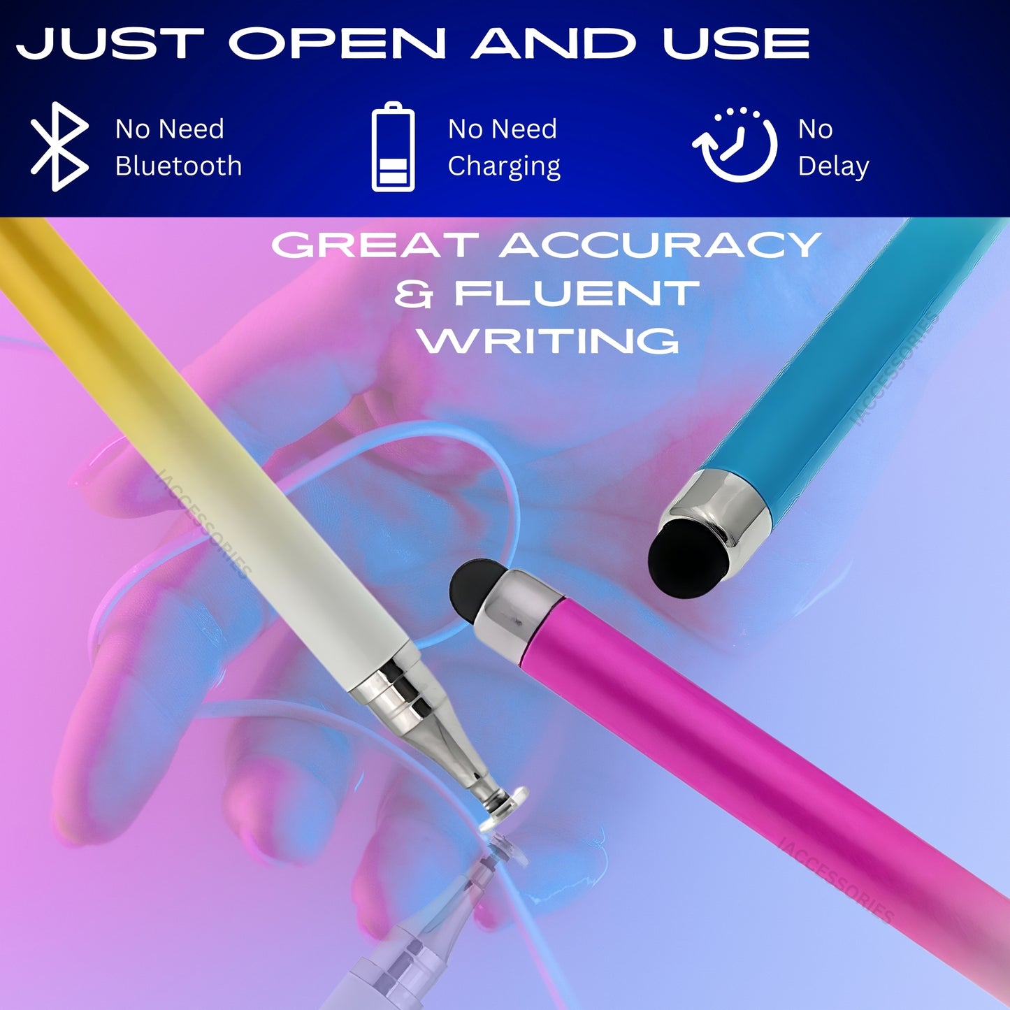 iAccessories Dual-Sided Stylus Pen for All Touch Screens - Compatible with iOS, Android Mobile Phones, Tablets - Pack of 3 (Blue, Pink, Yellow) - iAccessories